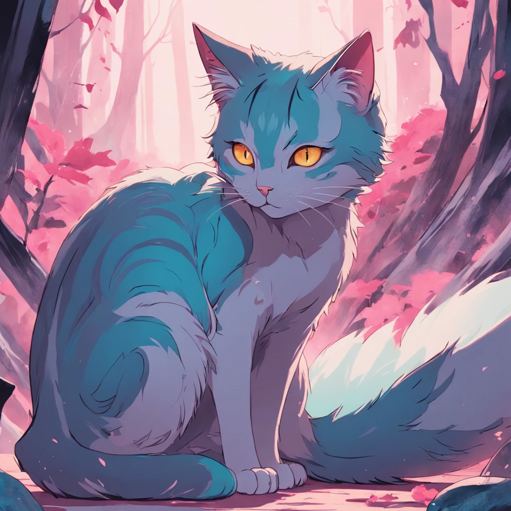 Cat in art, sorcerer、main color: Therefore, Secondary coloring cyan, Pastel pink background, artistic, sleek, Cozy style, The form includes an abstract cat, Playful forms, Elegant piece, Textures include skin textures, Smooth painting, Fabric texture, The lines contain elegant lines, Natural curves, Delicate silhouette, The shape is elegant, approachable, expresive, Aesthetic.