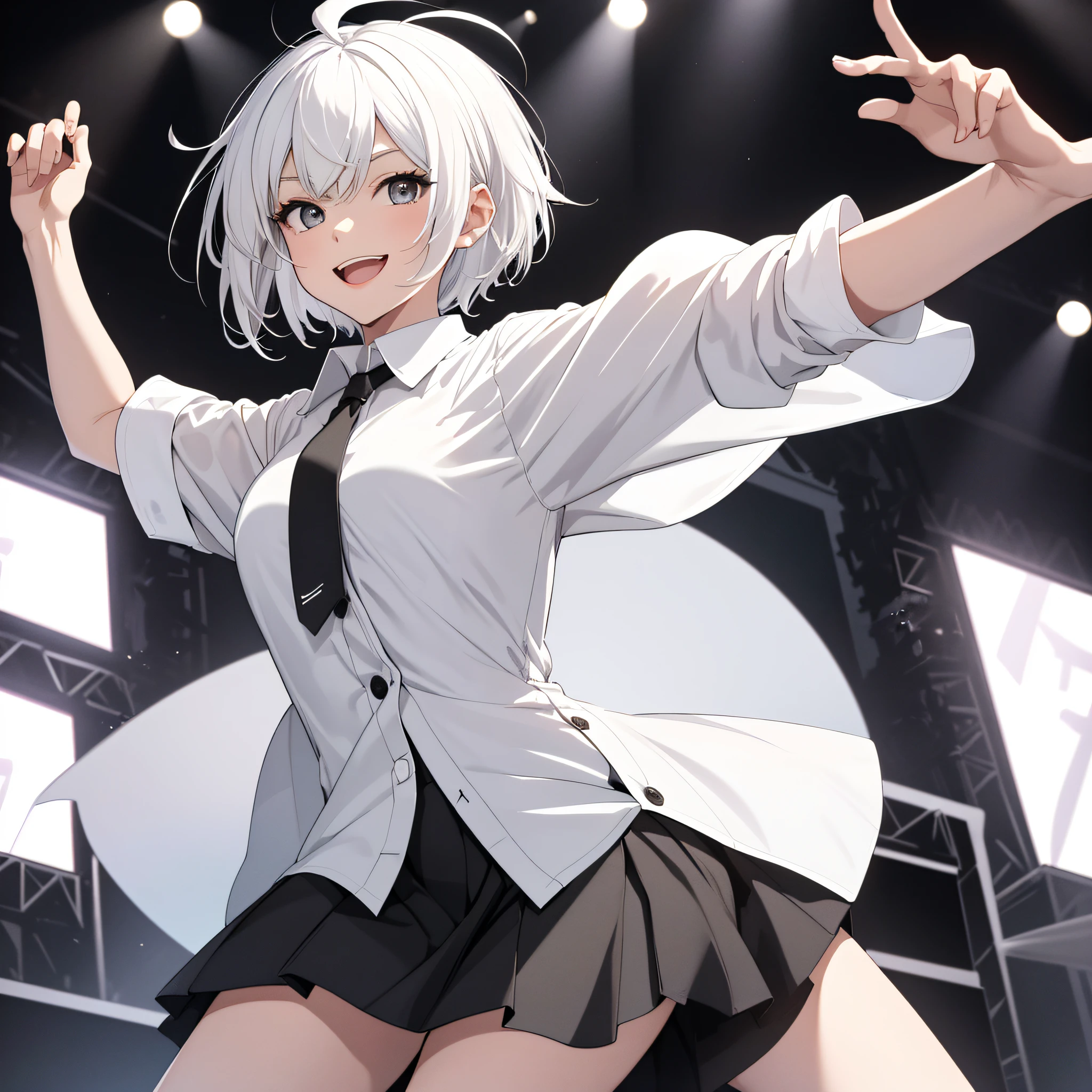 ((Masterpiece, Best quality)), (1girll), (Solo), (female focus), (ahoge, White hair, Short hair), Black eyes, Light smile, Open mouth, ((White shirt), (Buttoned shirt ), (Button gaps)), ((blackdress), (short skirt)), standing on your feet, Stage,, dynamic angle