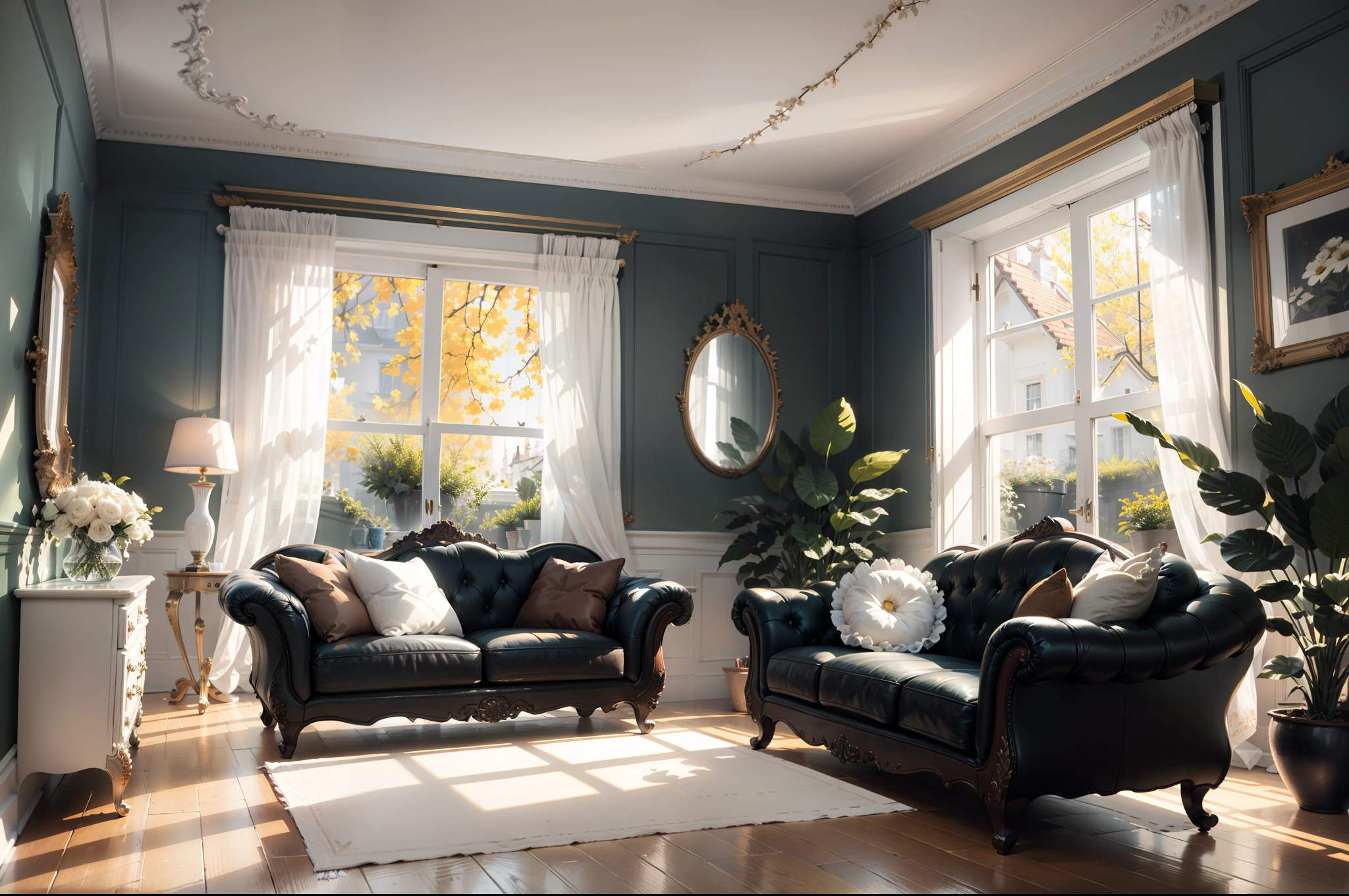Inside lounch, house, white walls, frames, sofa, flowers, sunlight, detailed, beautiful, eye level, modern, black sofa, back window, lights, dark shadow