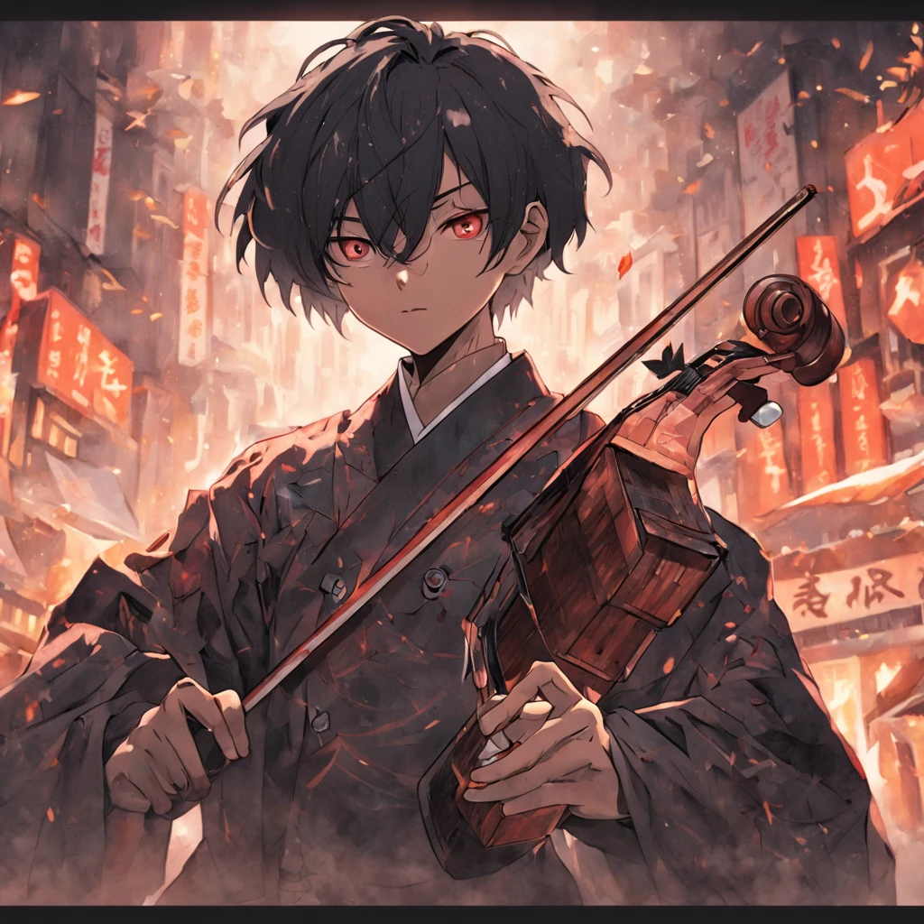 (Dark bar:1.4),(Short hair on the beard、Master of dark skin, Violin in hand, facing back,suits)，(Chinese Illustration:1.3，paper art:1.3, Quilted Paper Art:1.2),( Reasonable design, Clear lines, High Sharpness,Best Quality, Very detailed, masutepiece, Movie Light Effects, 4K )Mystical Akari、