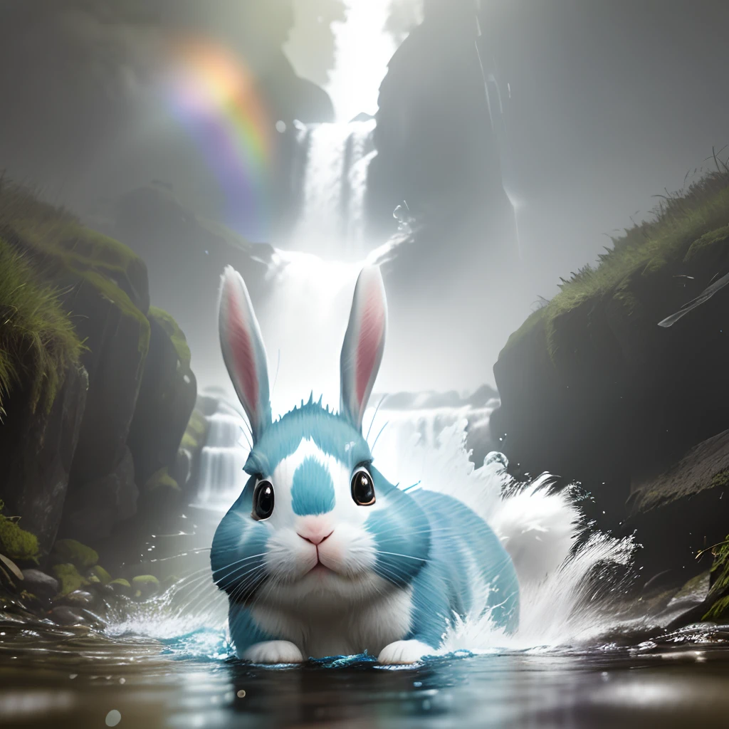 a photo of the bunny with a rainbow T-shirt and painful face when he falls and lay down into the stream, a panorama view, wet illustration, (((scare stream))), vibrant colors, action shots, 3D cartoon character, photorealistic 3d rendering, realistic photography, cinematic scenes, smoke around, 4k resolution, foggy, misty