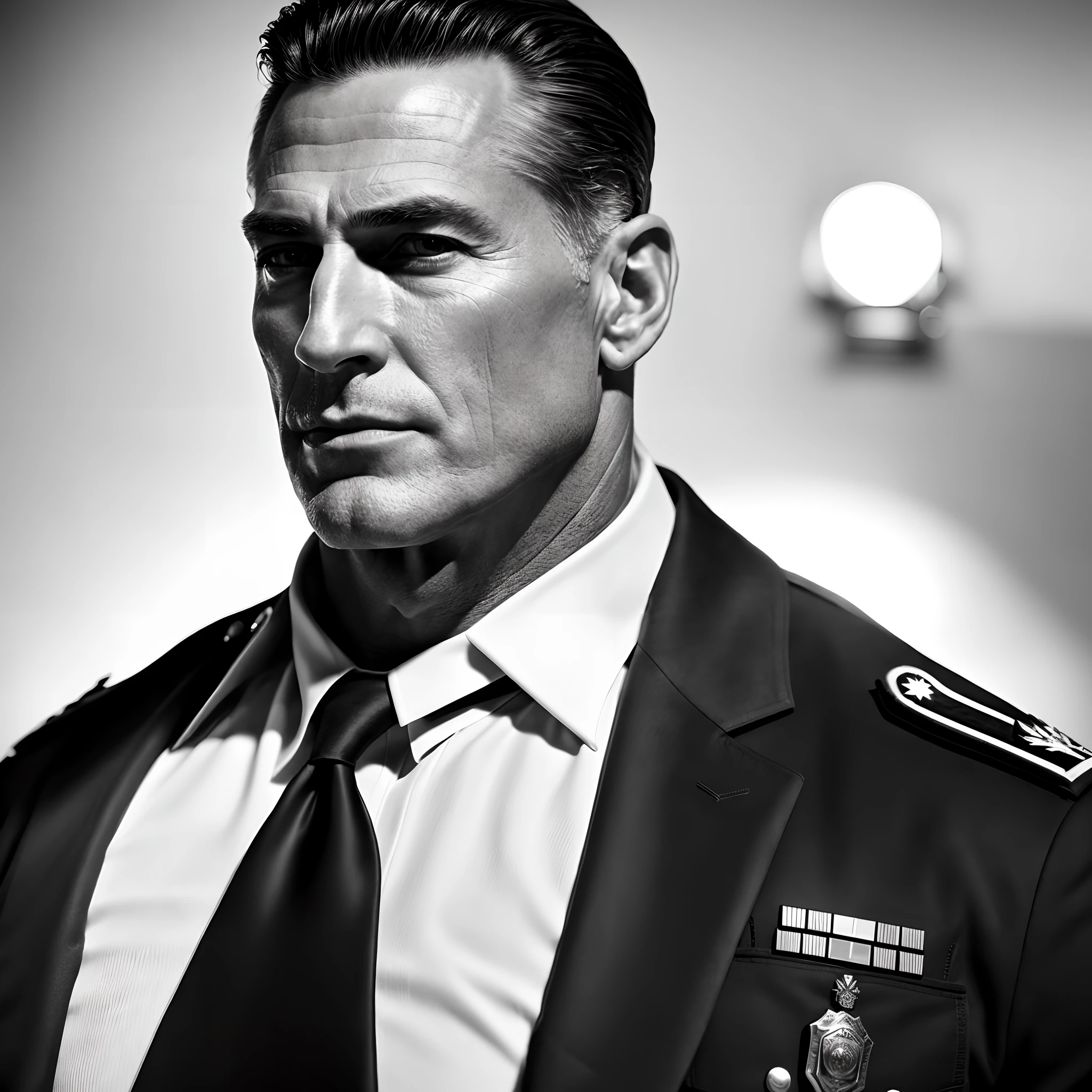 Most handsome man to ever live as a Police Chief during the world war 2, photography, soft lighting, soft details, octane, artstation trending, ultra high detail, ultra realistic, cinematic,16k, noir, absurdly detailed, intricate detail, by Alex Ross, extremely Handsome, ridiculously handsome, intimidating, tall and very muscular man, manly perfection, impossibly handsome, 50 years old, dilf, wrinkles, very squared chin, perfectly sculpted face, proeminent cheekbones, godly beauty