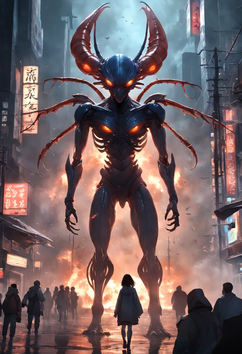 Cinematic image effects，Invading aliens，Invasive crayfish，Huge pliers，uncanny，blood vess，，Murderous，Full body like，combats，The city was destroyed，Dispersed crowds for their lives，blasts，fire glow，废墟，of a real，Facial features are carefully depicted，Realistic skin texture，Dark style，depth of fields，high light，Real light，Ray traching，oc rendered，Hyper-realistic，best qualtiy，8K，Works of masters，super-fine，Detailed pubic hair，Correct anatomy，sharp focus on eyes，Bokeh，Facial features are carefully depicted