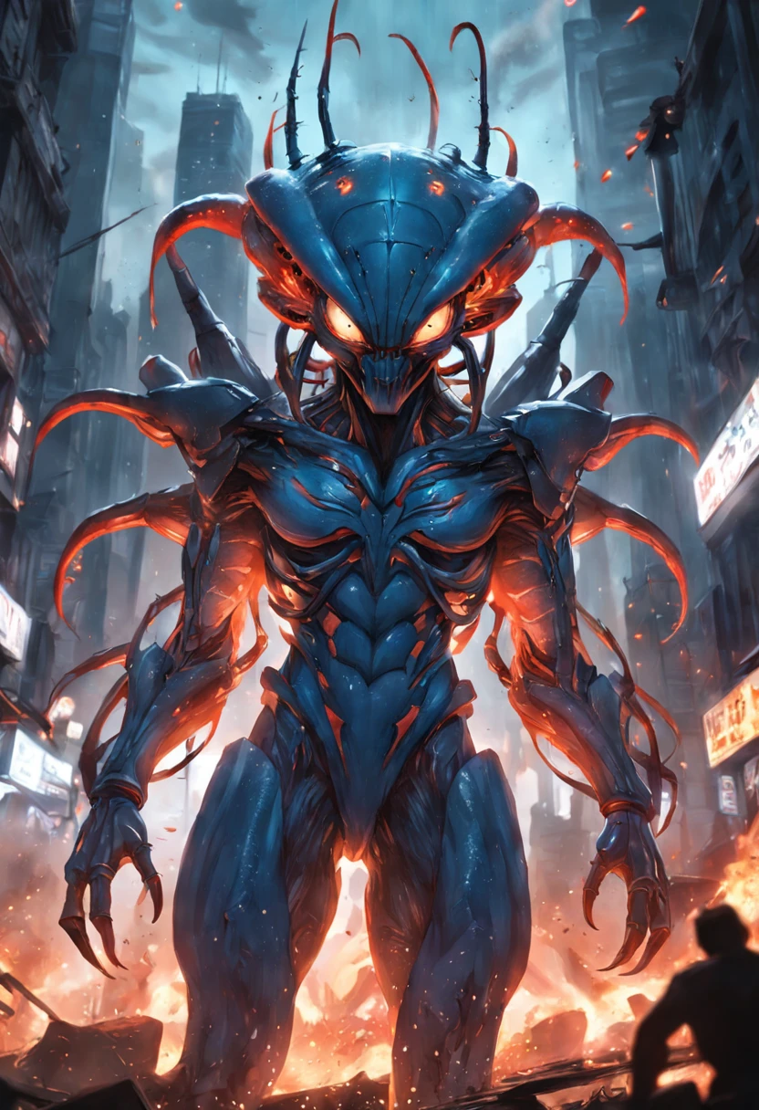 Cinematic image effects,Invading aliens,Invasive crayfish,Huge pliers,uncanny,blood vess,,Murderous,Full body like,combats,The city was destroyed,Dispersed crowds for their lives,blasts,fire glow,废墟,of a real,Facial features are carefully depicted,Realistic skin texture,Dark style,depth of fields,high light,Real light,Ray traching,oc rendered,Hyper-realistic,best qualtiy,8K,Works of masters,super-fine,Detailed pubic hair,Correct anatomy,sharp focus on eyes,Bokeh,Facial features are carefully depicted