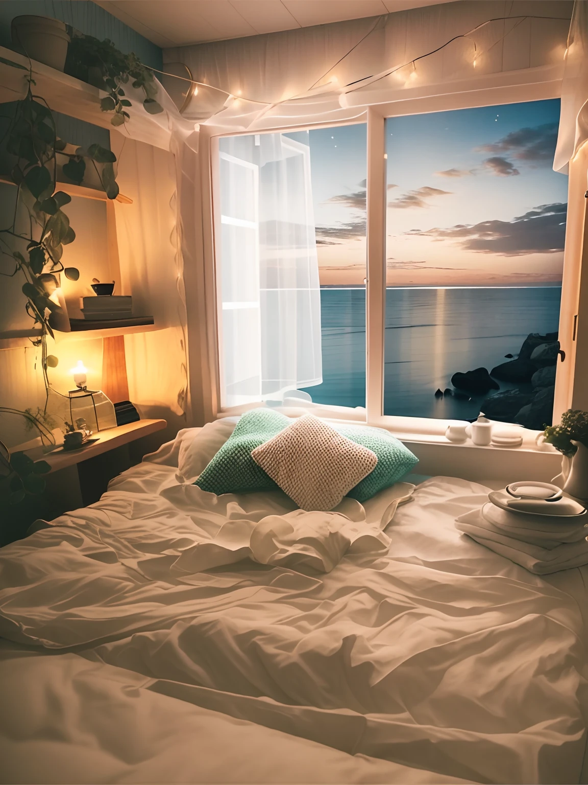 There was a bed with white quilt and a picture window, cozy place, cozy room, cozy and calm, cozy environment, cozy environment, cozy and peaceful atmosphere, cosy atmoshpere, cozy bed, comfortable atmosphere, Comfortable lighting, cozy aesthetic, Cozy atmosphere, Overlooking the sea, cozy wallpaper, comfortable atmosphere, Comfortable lighting, cozy home background