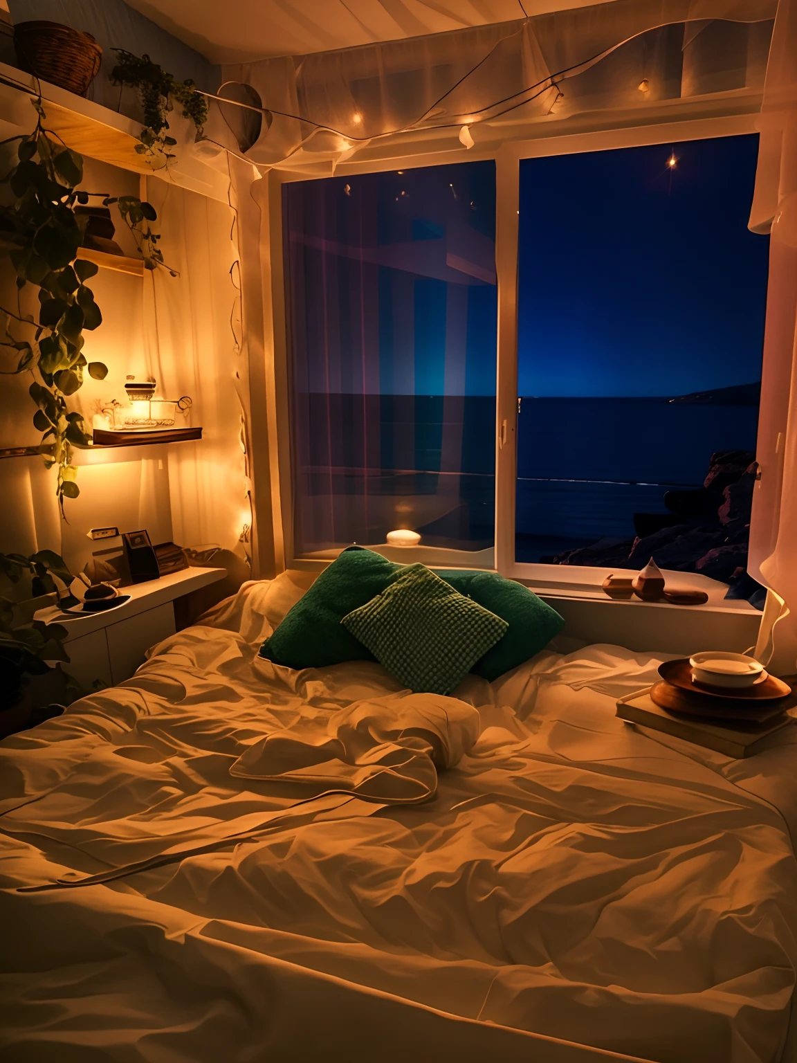 There was a bed with white quilt and a picture window, cozy place, cozy room, cozy and calm, cozy environment, cozy environment, cozy and peaceful atmosphere, cosy atmoshpere, cozy bed, comfortable atmosphere, Comfortable lighting, cozy aesthetic, Cozy atmosphere, Overlooking the sea, cozy wallpaper, comfortable atmosphere, Comfortable lighting, cozy home background