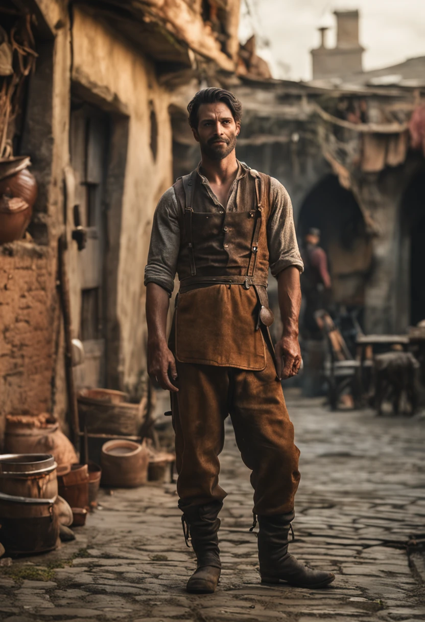 Full body full length photo of an Gorgeos guy in on the green of a sixteenth century village store, and pleading for assistance. He is so strong. He is an younger man 25 years old a young man who is stocky and strong who wears a stained leather apron and works with his hands. ::Crystal clear image, highly detailed, magical touches, ultra high resolution, widescreen aspect ratio, Cinematic, full length Photography, Shot on 100mm lens, Ultra - Wide Angle, Depth of Field, hyper - detailed, beautifully colorful, insane details, intricate details, Unreal Engine, Cinematic, Color Grading, Cinematic Photography, Photography, Shot on 150mm lens, Depth of Field, DOF, Tilt Blur, Shutter Speed 1/ 1000, F/ 22, White Balance, 32k, Super - Resolution, Megapixel, ProPhoto HDR, VR, Massive, Halfrear Lighting, Backlight, Natural Lighting, Incandescent, Optical Fiber, Moody Lighting, Cinematic Lighting, Studio Lighting, Soft Lighting, Volumetric, Beautiful Lighting, Accent Lighting, Global Illumination, Screen Space Global Illumination, Ray Tracing Global Illumination, Optics, Scattering, Glowing, Shadows, Rough, Shimmering, Ray Tracing Reflections, Lumen Reflections, Screen Space Reflections, Diffraction Grading, Chromatic Aberration, GB Displacement, Scan Lines, Ray Traced, Ray Tracing Ambient Occlusion, Anti - Aliasing, FKAA, TXAA, RTX, SSAO, Shaders, OpenGL - Shaders, GLSL - Shaders, Post Processing, Post - Production, Cel Shading, Tone Mapping, CGI, VFX, SFX, insanely detailed and intricate, hypermaximalist, hyper realistic, super detailed, dynamic pose, photography --v 5.0 --s 1000
