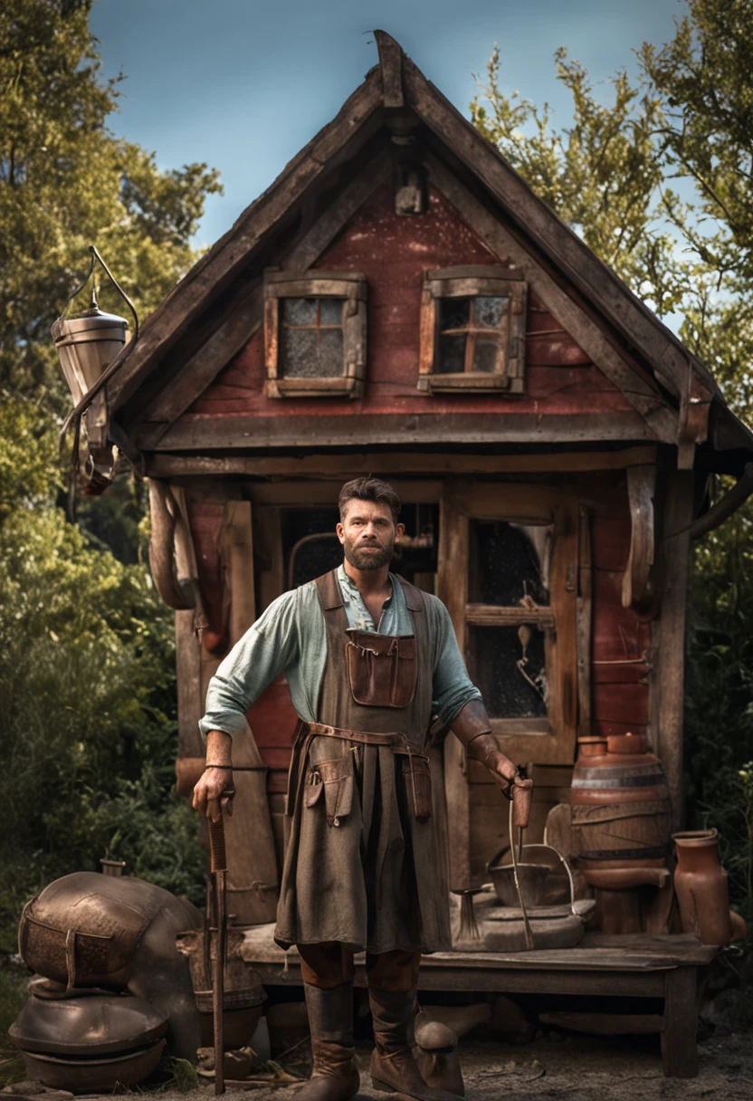 Full body full length photo of an Gorgeos guy in on the green of a sixteenth century village store, and pleading for assistance. He is so strong. He is an younger man 25 years old a young man who is stocky and strong who wears a stained leather apron and works with his hands. ::Crystal clear image, highly detailed, magical touches, ultra high resolution, widescreen aspect ratio, Cinematic, full length Photography, Shot on 100mm lens, Ultra - Wide Angle, Depth of Field, hyper - detailed, beautifully colorful, insane details, intricate details, Unreal Engine, Cinematic, Color Grading, Cinematic Photography, Photography, Shot on 150mm lens, Depth of Field, DOF, Tilt Blur, Shutter Speed 1/ 1000, F/ 22, White Balance, 32k, Super - Resolution, Megapixel, ProPhoto HDR, VR, Massive, Halfrear Lighting, Backlight, Natural Lighting, Incandescent, Optical Fiber, Moody Lighting, Cinematic Lighting, Studio Lighting, Soft Lighting, Volumetric, Beautiful Lighting, Accent Lighting, Global Illumination, Screen Space Global Illumination, Ray Tracing Global Illumination, Optics, Scattering, Glowing, Shadows, Rough, Shimmering, Ray Tracing Reflections, Lumen Reflections, Screen Space Reflections, Diffraction Grading, Chromatic Aberration, GB Displacement, Scan Lines, Ray Traced, Ray Tracing Ambient Occlusion, Anti - Aliasing, FKAA, TXAA, RTX, SSAO, Shaders, OpenGL - Shaders, GLSL - Shaders, Post Processing, Post - Production, Cel Shading, Tone Mapping, CGI, VFX, SFX, insanely detailed and intricate, hypermaximalist, hyper realistic, super detailed, dynamic pose, photography --v 5.0 --s 1000