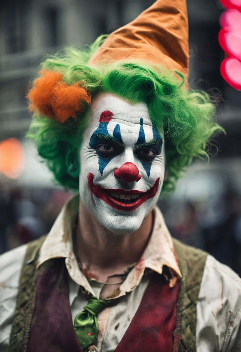 man with green hair wearing clown makeup, joker makeup, wearing bizarre clown makeup, clown makeup, real clown makeup, realistic clown makeup, remarkable joker make up, as the joker, scary clown, amusement park on the background