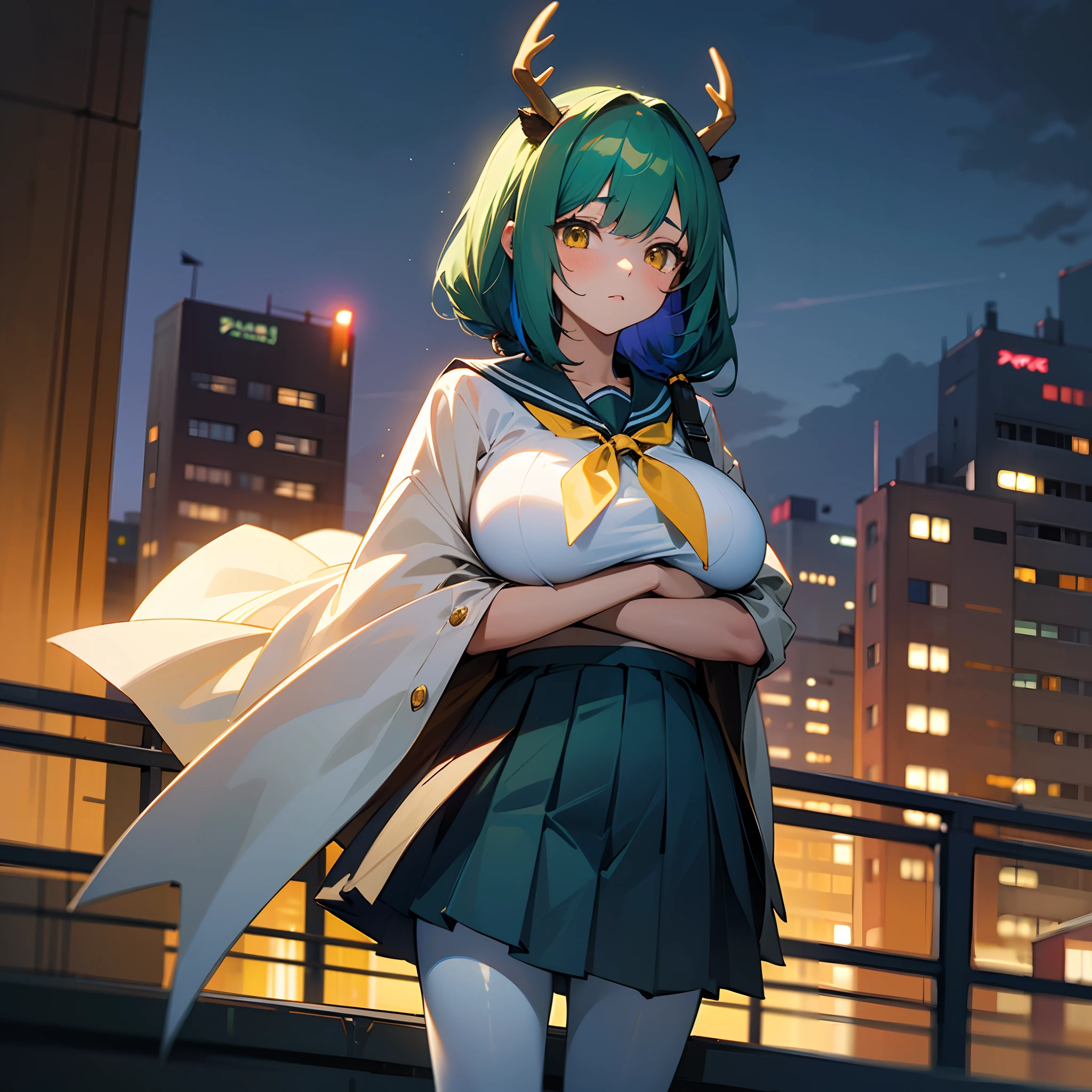 masterpiece, high res, 1girl, solo, huge breast, deer girl, deer horns, green hair, blue hair, multicolored hair, yellow eyes, white coat, school uniform, medium skirt, white pantyhose, city, building, night, anime
