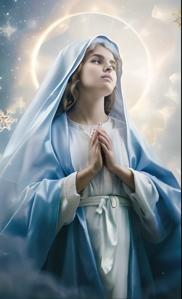 (((Saint Virgin Mary. 19 years old))) ((( Con una cara seria y piadosa. Con una mirada dulce y tierna))) (obra maestra, calidad superior, mejor calidad, arte oficial, beautiful and aesthetic: 1.2), (1girl), extremadamente detallado, (Arte fractal: 1.3), colorido, highest detailed, Cara perfecta, parte superior del cuerpo, HDR, (orando: 1.3), (golden lines of white coat: 1.2), galaxia, (rayas de luz), eye-catching visuals, (dynamic stripes, senderos luminosos: 1.2), colores vibrantes,