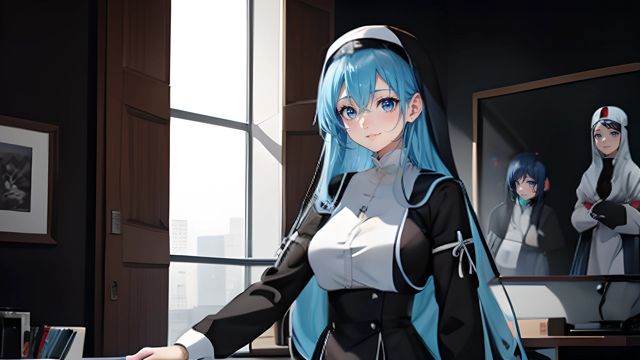 anime girl with blue hair and a black and white nun outfit, an anime drawing by Shitao, pixiv, serial art, anime style 4 k, 4 k manga wallpaper, anime art wallpaper 8 k, 4k anime wallpaper, anime art wallpaper 4k, anime art wallpaper 4 k, anime wallpaper 4 k, anime wallpaper 4k, scene girl helping children, smile