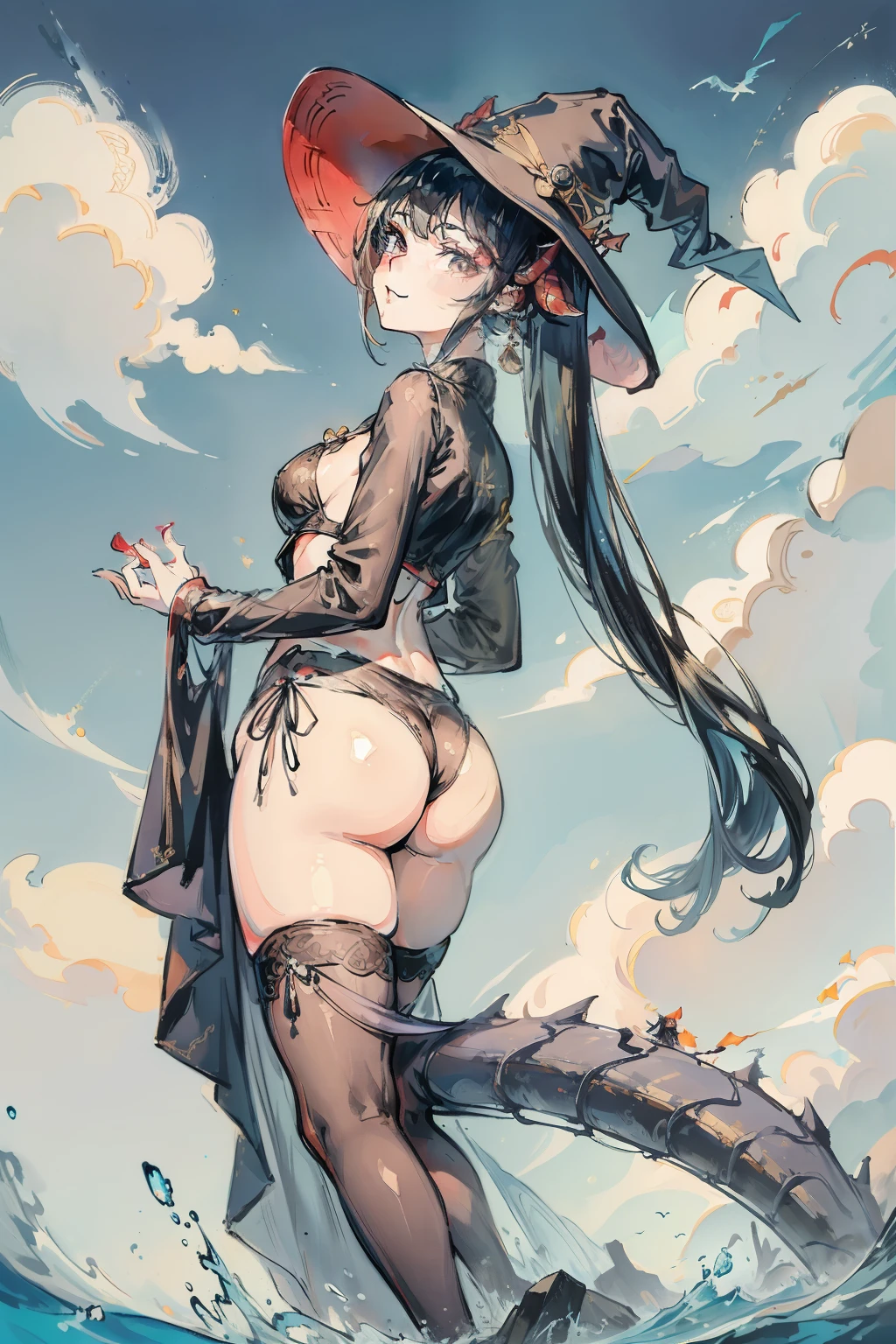 Bright colors，Magic background，loong background，water background，the sky background，1girll，The witch hat has dragon horns，Tights made of stockings，Jumpsuits，Intimate dress，Wrap tightly，Sexy bra，Pantyhose wrapped around the hips，Sexy，on cheongsam，Dress conservatively，Wrap your entire body in clothes，Not exposed，Dragon tail，mistic，abstact，Lady，Smiling，inquisitive，The ultimate leg beauty，Sexy pose，looking back，stooped，looking up，upside down，Shoe wearing action，nsfw