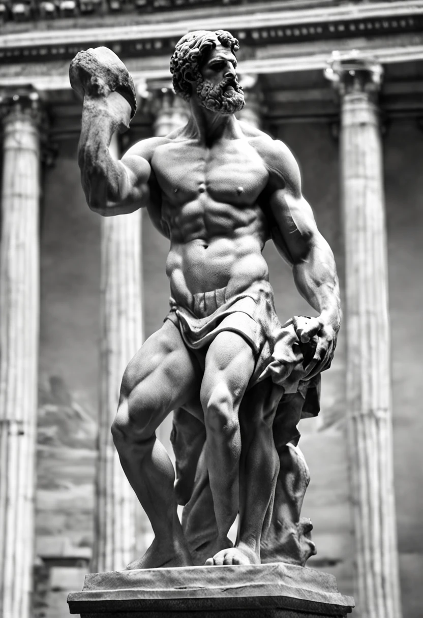 Muscular Philosopher Man Greek Statue, ultra detailed, breaking statues, gym pose, black and white, film photography, sharp focus, cinema shot, cinema scene, highly detailed, epic, dramatic lighting, left side zoom, closeup background with elements of Greece or Rome, solid black background, blurred background, Bokeh effect, Broken Glass effect, backgroundless, dazzling, something that doesn't even exist, mythical being, energy, molecular, textures, iridescent and luminescent scales, dazzling beauty, pure perfection, divine presence, unforgettable, stunning, breathtaking beauty, volumetric light, auras, rays, vivid colors,8k,