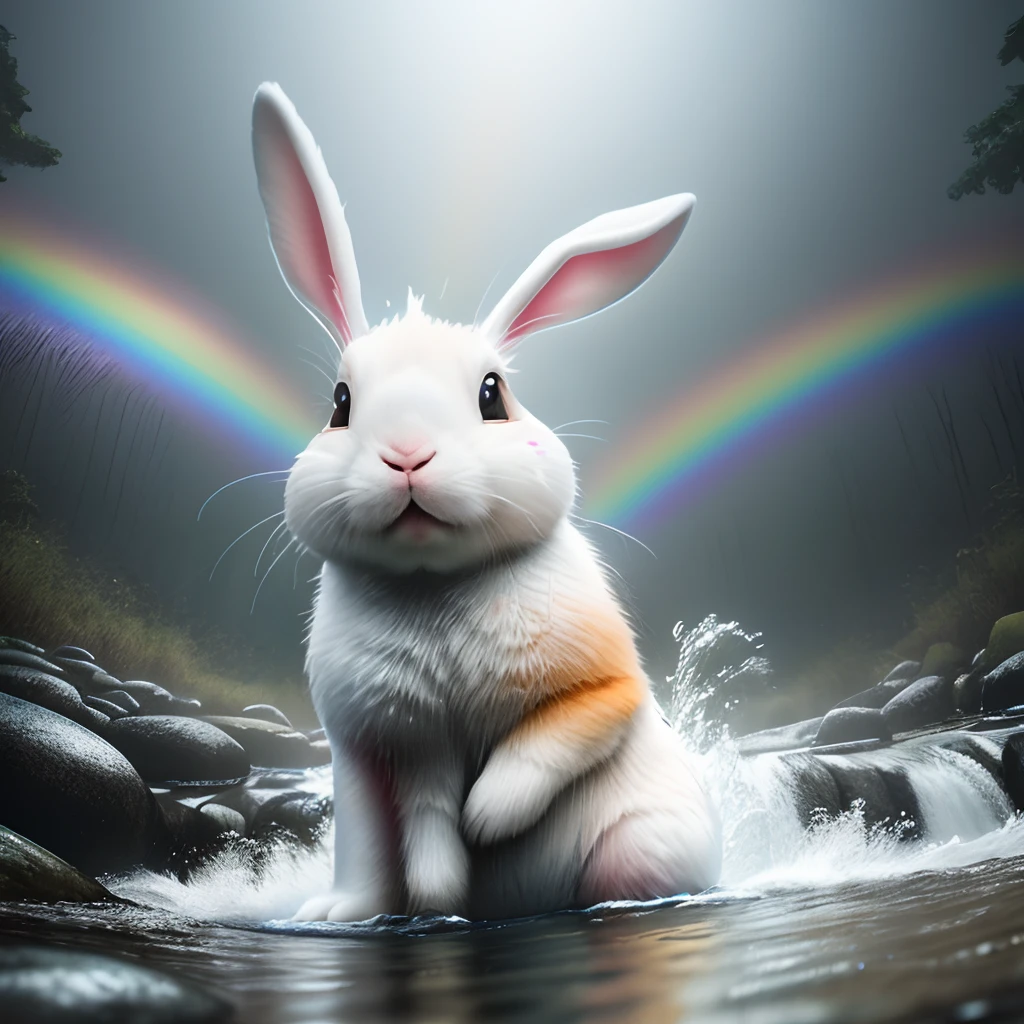 a photo of the bunny with a rainbow T-shirt and painful face when he falls and lay down into the stream, a panorama view, wet illustration, (((scare stream))), vibrant colors, action shots, 3D cartoon character, photorealistic 3d rendering, realistic photography, cinematic scenes, smoke around, 4k resolution, foggy, misty
