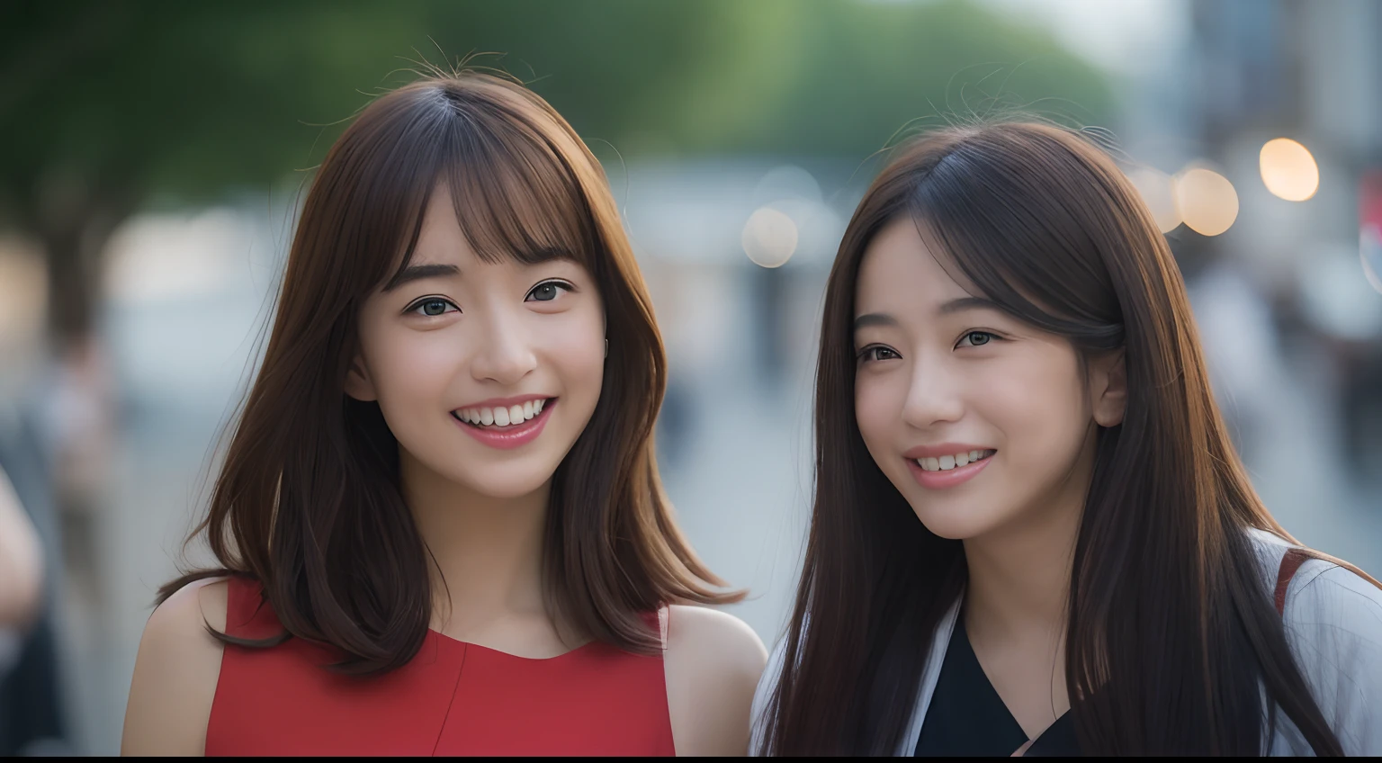 ((top-quality、8K、masterpiece:1.3))、(1girl in)、A smile、full body Esbian、(Hardships at work),Slim Faces、Pretty women、(dark brown hair)、Full-length dresses:1.1、hyperdetailed face、A detailed eye、二重まぶた、blured background、Slim Faces、城市、takeout、a street、japanes