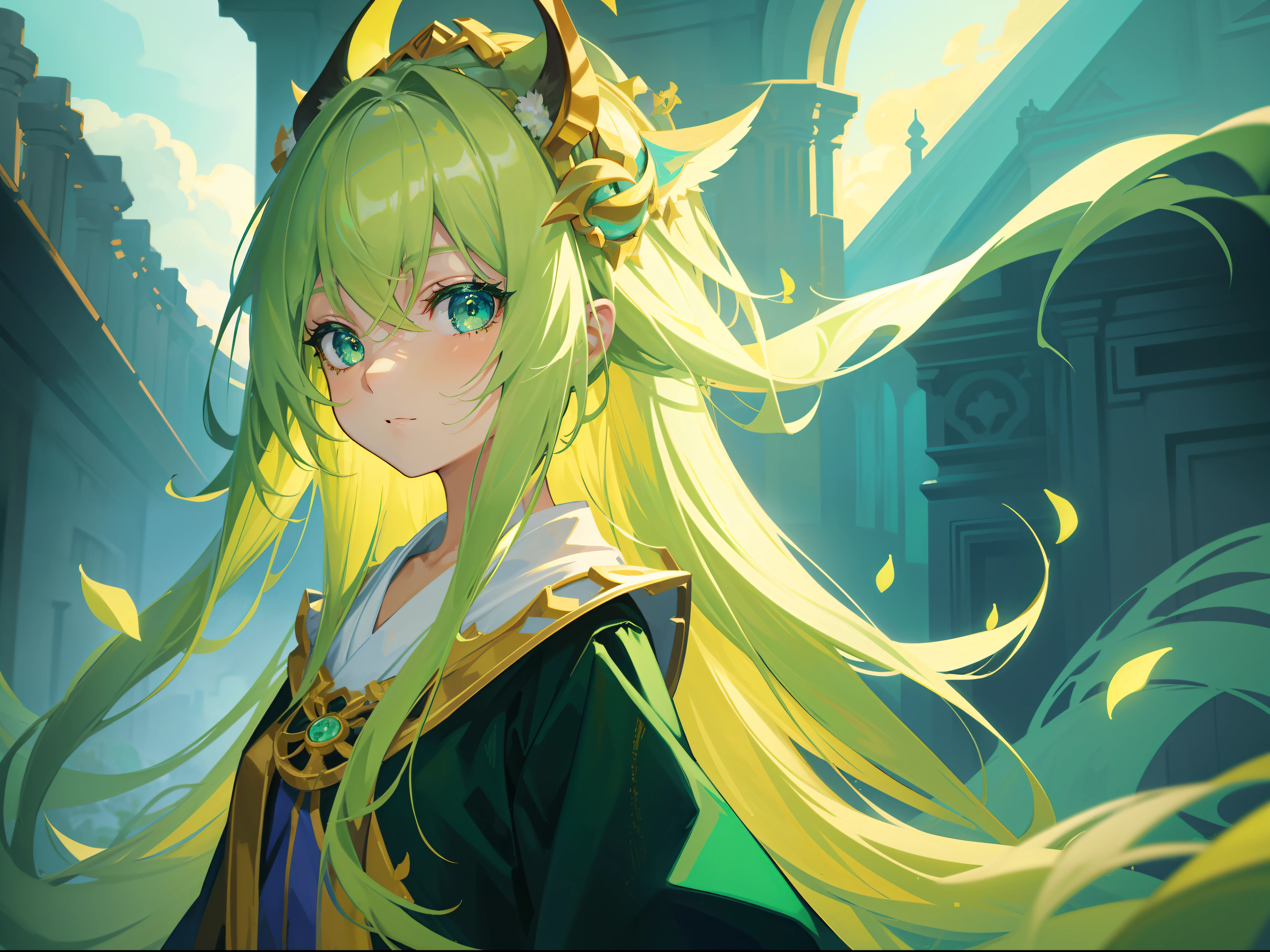 {{Best quality}}, {{Masterpiece}}, {{super ultra detail}}, {{illustration}}, {{Detailed light}}, one-girl，Lime yellow hair，O cabelo multicolorido, Turquoise eyes,  style, beast ear，The robes of the priests，green color，(Dynamic lighting:1.2)，