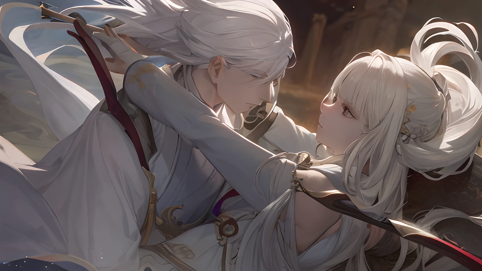 Close-up of a couple in a white robe holding swords,a character portrait by Yang J,The popularity of CGsociety,Fantasyart,beautiful character painting,Guviz-style artwork,Guvitz,white hanfu,flowing white robe,full-body wuxia,epic exquisite character art,stunning character art,Beautiful couple assassin