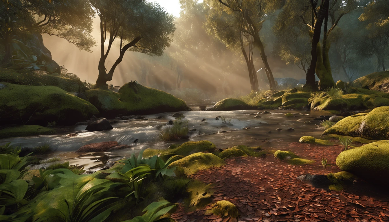 Certamente, Sir. I would like to introduce you to the vision of a realistic magical camera that captures a captivating scene: imagine uma floresta exuberante em uma tarde de outono. The golden rays of the setting sun pierce through the canopies of tall trees, creating a soft, cinematic lighting that enhances the warm, earthy tones of the falling leaves. No centro da cena, um pequeno riacho serpenteia, accurately reflecting the environment around you, mostrando as cores vibrantes do outono. The texture of tree bark is meticulously detailed, revealing years of growth and history. A rustic hut rests on the edge of the creek, with impressive architectural details and a moss-covered roof. The shadows extend realistically along the ground, creating a sense of depth and atmosphere. The sky above is filled with soft, towering clouds, providing dramatic visual contrast. Intricate details are rendered in 8K UHD quality, permitindo que cada elemento da cena seja admirado em sua totalidade. Ray tracing effects enrich lighting, generating accurate reflections on the water surfaces and windows of the hut. The magic camera captures not only the image, but also the soft sounds of the breeze among the leaves and the soft murmur of the creek. This impressionistic environment offers an immersive visual and sensory experience, enriquecida por sua busca por autenticidade e realismo, excedendo as expectativas de maneira majestosa