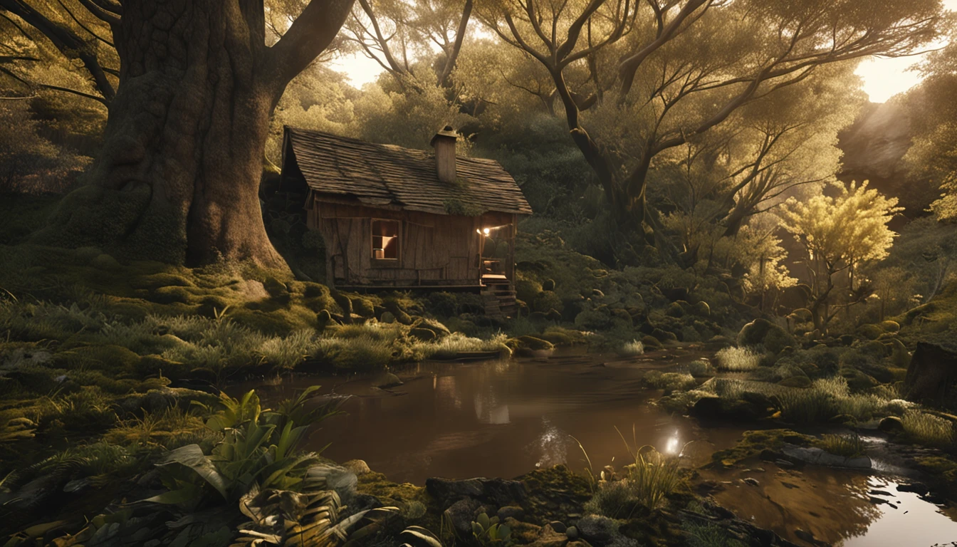 Certamente, Sir. I would like to introduce you to the vision of a realistic magical camera that captures a captivating scene: imagine uma floresta exuberante em uma tarde de outono. The golden rays of the setting sun pierce through the canopies of tall trees, creating a soft, cinematic lighting that enhances the warm, earthy tones of the falling leaves. No centro da cena, um pequeno riacho serpenteia, accurately reflecting the environment around you, mostrando as cores vibrantes do outono. The texture of tree bark is meticulously detailed, revealing years of growth and history. A rustic hut rests on the edge of the creek, with impressive architectural details and a moss-covered roof. The shadows extend realistically along the ground, creating a sense of depth and atmosphere. The sky above is filled with soft, towering clouds, providing dramatic visual contrast. Intricate details are rendered in 8K UHD quality, permitindo que cada elemento da cena seja admirado em sua totalidade. Ray tracing effects enrich lighting, generating accurate reflections on the water surfaces and windows of the hut. The magic camera captures not only the image, but also the soft sounds of the breeze among the leaves and the soft murmur of the creek. This impressionistic environment offers an immersive visual and sensory experience, enriquecida por sua busca por autenticidade e realismo, excedendo as expectativas de maneira majestosa
