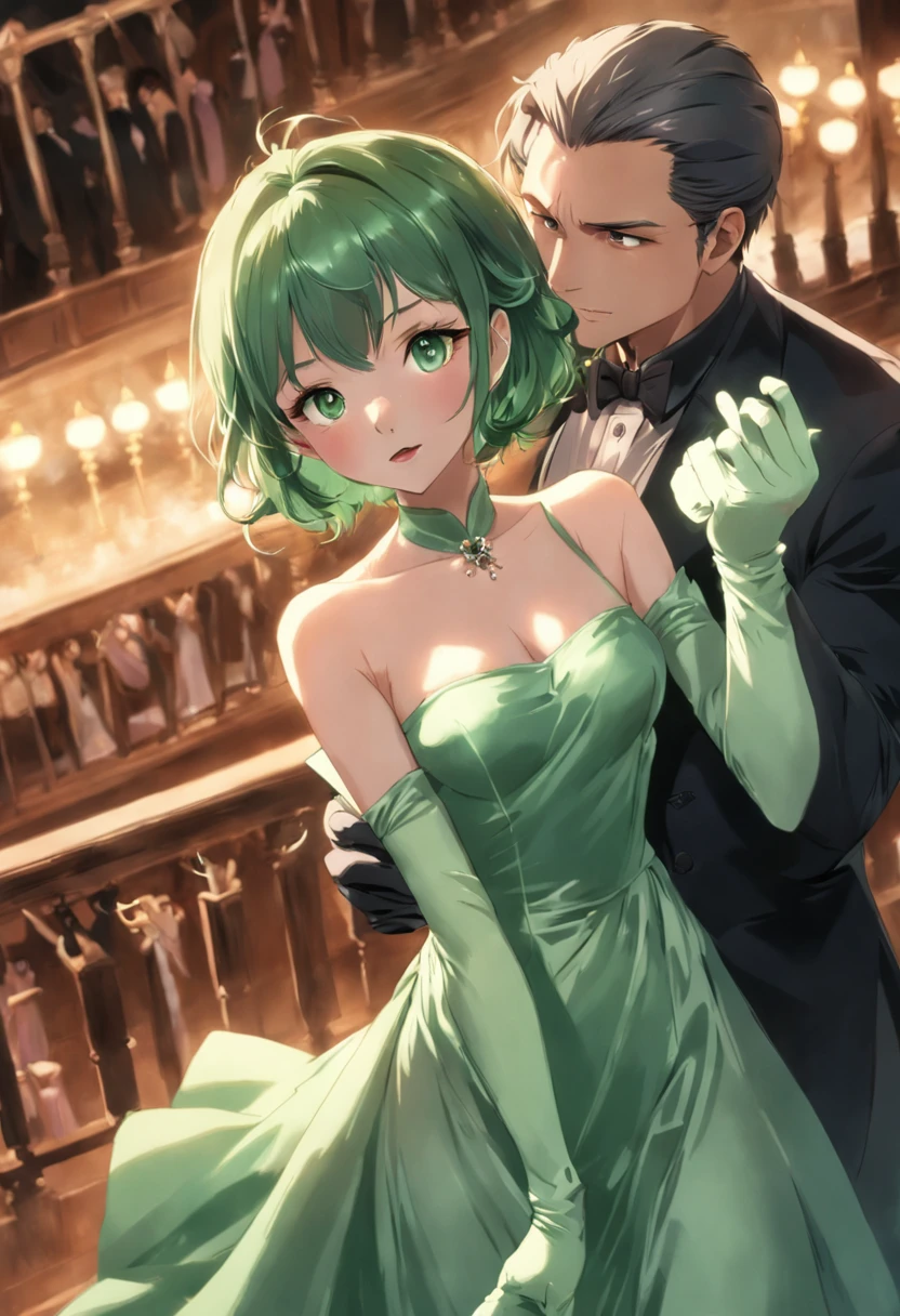 Pearl Necklace, Satin green long gloves, lipsticks, Shorthair, satin, Green dress, bride, the kiss, a smile