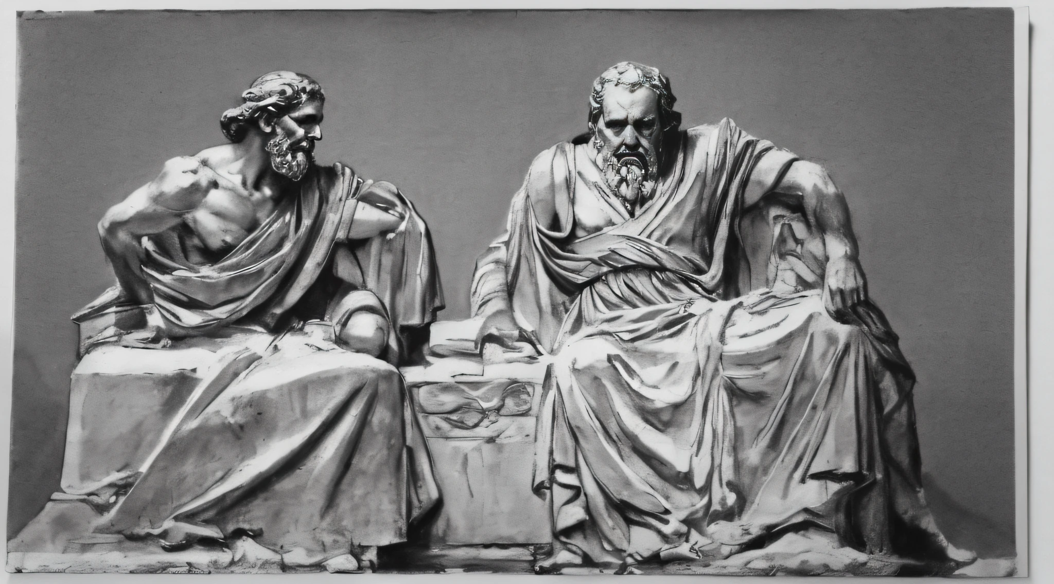 (a sketch of socrates debating with plato) jacked male greek statue, classic greek aesthetic, greek philosopher, black and white, dark, wisdom (8k, RAW photo, best quality, masterpiece: 1.2), (realistic, photorealistic: 1.37),