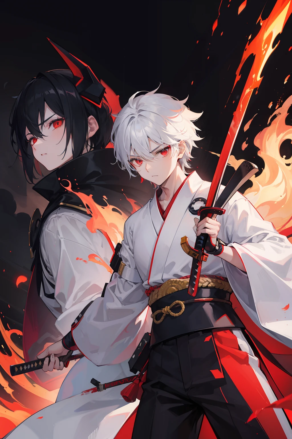 2boys，cabelos preto e longos，Red-eyed age man，Stand on an empty street at night，extreme hight detail，White jacket，Black Hakama，Aoba Ori，Holding a huge blood-colored weapon in one hand，A Japanese style，Intimidating，Engulfed in flames、Sword，wall-paper，CG compositing，Japan best swordsman、action