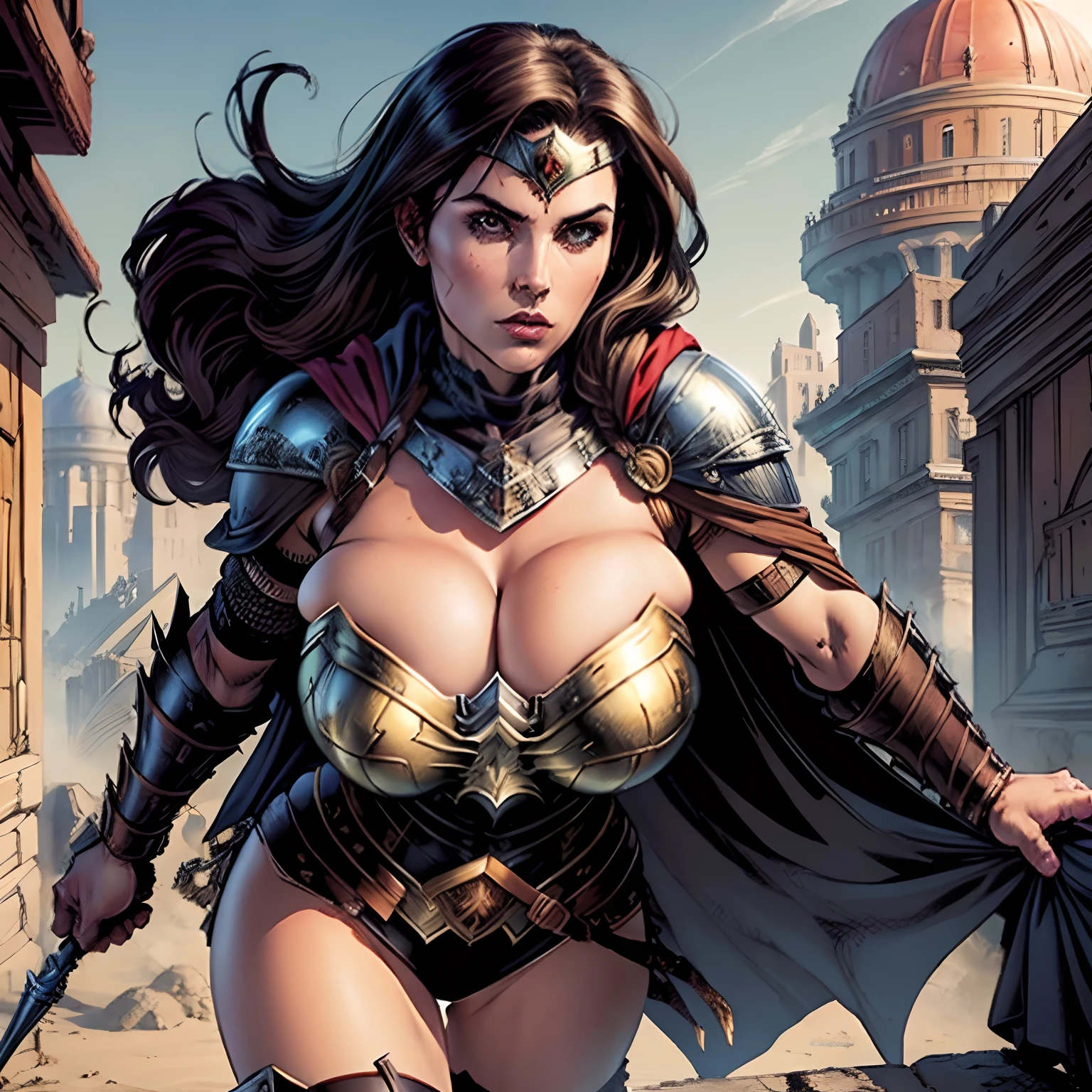 (masterpiece, top quality, best quality, official art, beautiful and aesthetic:1.2), (1girl:1.3), dark brown hair in a huge ponytail, extremely detailed, portrait, looking at viewer, solo, (full body:0.6), detailed background, close up, (hot summer coliseum theme:1.1), human gladiatrix, charlatan, mysterious, walking in forest, revealing bronze gladiator armor, spear and shield, metal bikini, topless, tits out, brown leather, cowl, cloak, bracers, armor, gauntlets, helmet, facemask, long boots, buckles, straps, light grey fabric, brown leather, ((((gigantic breasts, cleavage, skindentation)))), slim waist, slim hips, long legs, medieval (coliseum arena exterior:1.1) background, dark mysterious lighting, shadows, magical atmosphere, dutch angle,