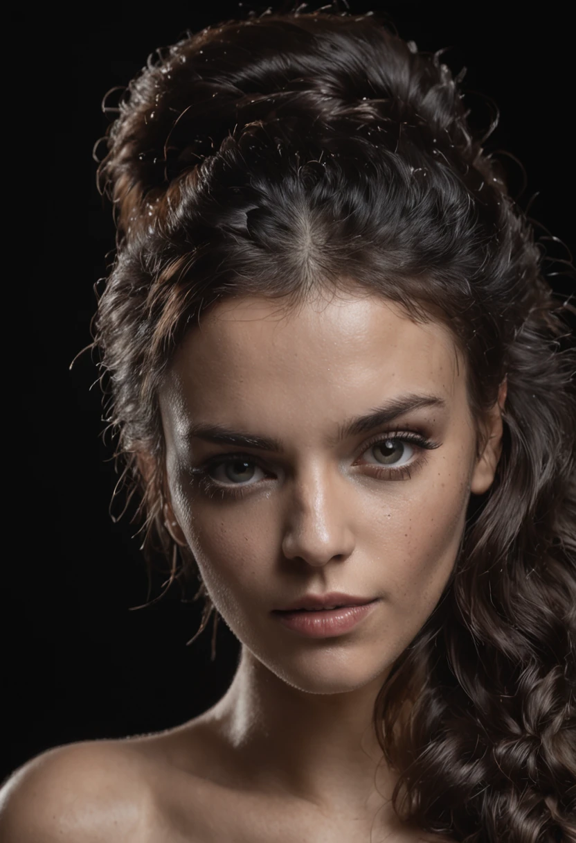 um fechar para cima de uma mulher com cabelo molhado e um fundo preto, morena de cabelos enrolados, modelo de moda chorando, Fotografia de Albert Watson, tears dripping from the eyes, cabelo molhado pingando, awesome By Irakli Swim, tears running down face, 8k artistic portrait photography, gotas de chuva no rosto, black and white artistic photo, Sensual expression, retrato emotivo, fechar para cima, retrato do rosto, lente macro, 100mm 1.8, dramatic pose, retrato premiado, Cristalina, micro-detalhes, cores teal e cor laranja