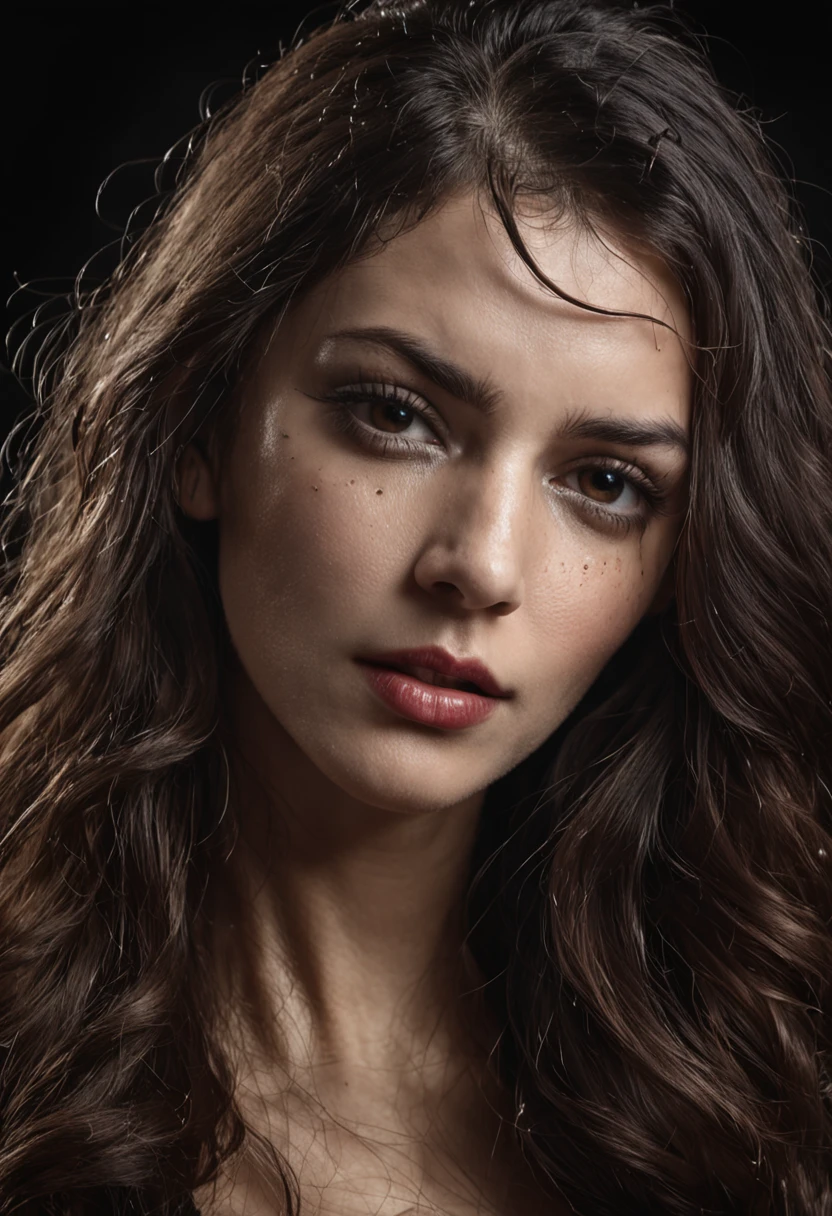 um fechar para cima de uma mulher com cabelo molhado e um fundo preto, morena de cabelos enrolados, modelo de moda chorando, Fotografia de Albert Watson, tears dripping from the eyes, cabelo molhado pingando, awesome By Irakli Swim, tears running down face, 8k artistic portrait photography, gotas de chuva no rosto, black and white artistic photo, Sensual expression, retrato emotivo, fechar para cima, retrato do rosto, lente macro, 100mm 1.8, dramatic pose, retrato premiado, Cristalina, micro-detalhes, cores teal e cor laranja