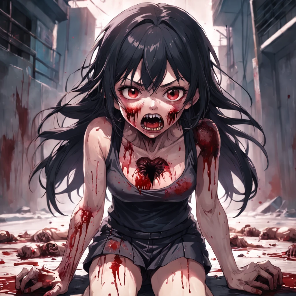 zombie Girl with black hair holding on to her stomach, Looking at the camera in surprise, Blood oozes from under his hands, Kneeling, blood comes from the mouth, Surprise and pain, is looking at the camera, latex tank top and shorts, bullet wound to the abdomen, Blood gushes from his mouth and wounds on his stomach, Young girl killer dies on her knees, gloomy atmosphere, Cruelty, bloods, Snuff Video, blood splatters from the mouth, surprise and pain on the face