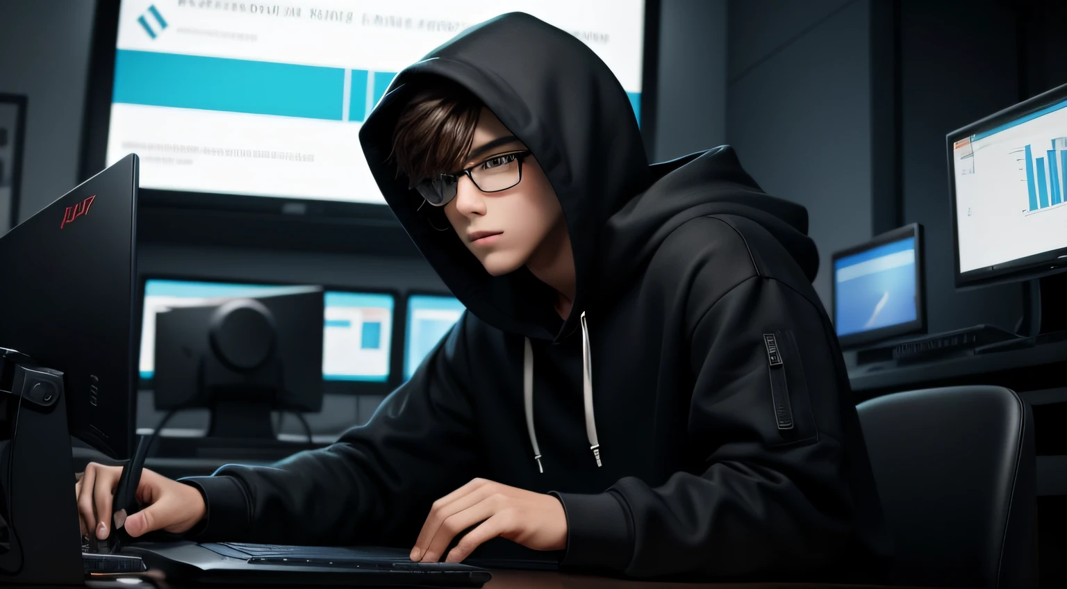 realistic , teen boy with hoodie , look like hacker, computers around him (hd)