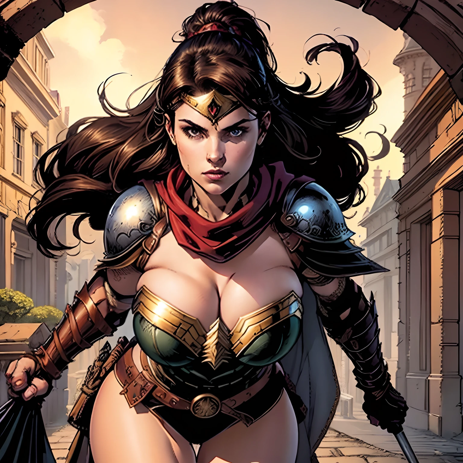 (masterpiece, top quality, best quality, official art, beautiful and aesthetic:1.2), (1girl:1.3), dark brown hair in a huge ponytail, extremely detailed, portrait, looking at viewer, solo, (full body:0.6), detailed background, close up, (hot summer coliseum theme:1.1), human gladiatrix, charlatan, mysterious, walking in forest, revealing bronze gladiator armor, spear and shield, metal bikini, topless, tits out, brown leather, cowl, cloak, bracers, armor, gauntlets, helmet, facemask, long boots, buckles, straps, light grey fabric, brown leather, ((((gigantic breasts, cleavage, skindentation)))), slim waist, slim hips, long legs, medieval (coliseum arena exterior:1.1) background, dark mysterious lighting, shadows, magical atmosphere, dutch angle,