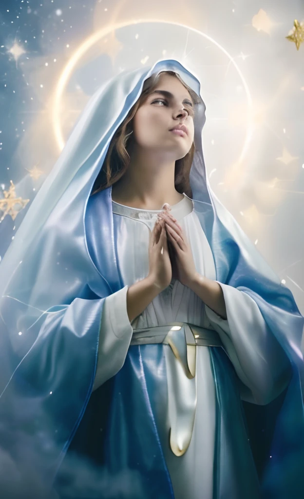 (((Saint Virgin Mary. 19 years old))) ((( Con una cara seria y piadosa. Con una mirada dulce y tierna))) (obra maestra, calidad superior, mejor calidad, arte oficial, beautiful and aesthetic: 1.2), (1girl), extremadamente detallado, (Arte fractal: 1.3), colorido, highest detailed, Cara perfecta, parte superior del cuerpo, HDR, (orando: 1.3), (golden lines of white coat: 1.2), galaxia, (rayas de luz), eye-catching visuals, (dynamic stripes, senderos luminosos: 1.2), colores vibrantes,