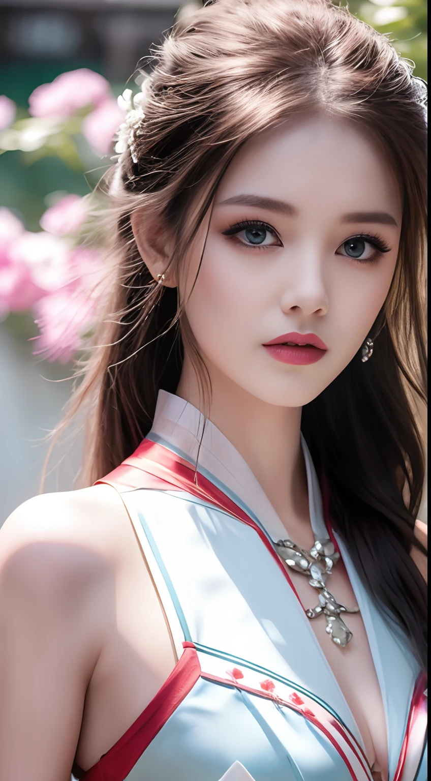 8K Ultra HD, Mastmis, A girl, Good face, Detailed, Eyes, Beautiful lips, Very red hair, dishiveredhair, Medium breasts, Wedding dress, White dress, In the park, Flying birds, blows wind, clear weather, Sitting, Full body capture,