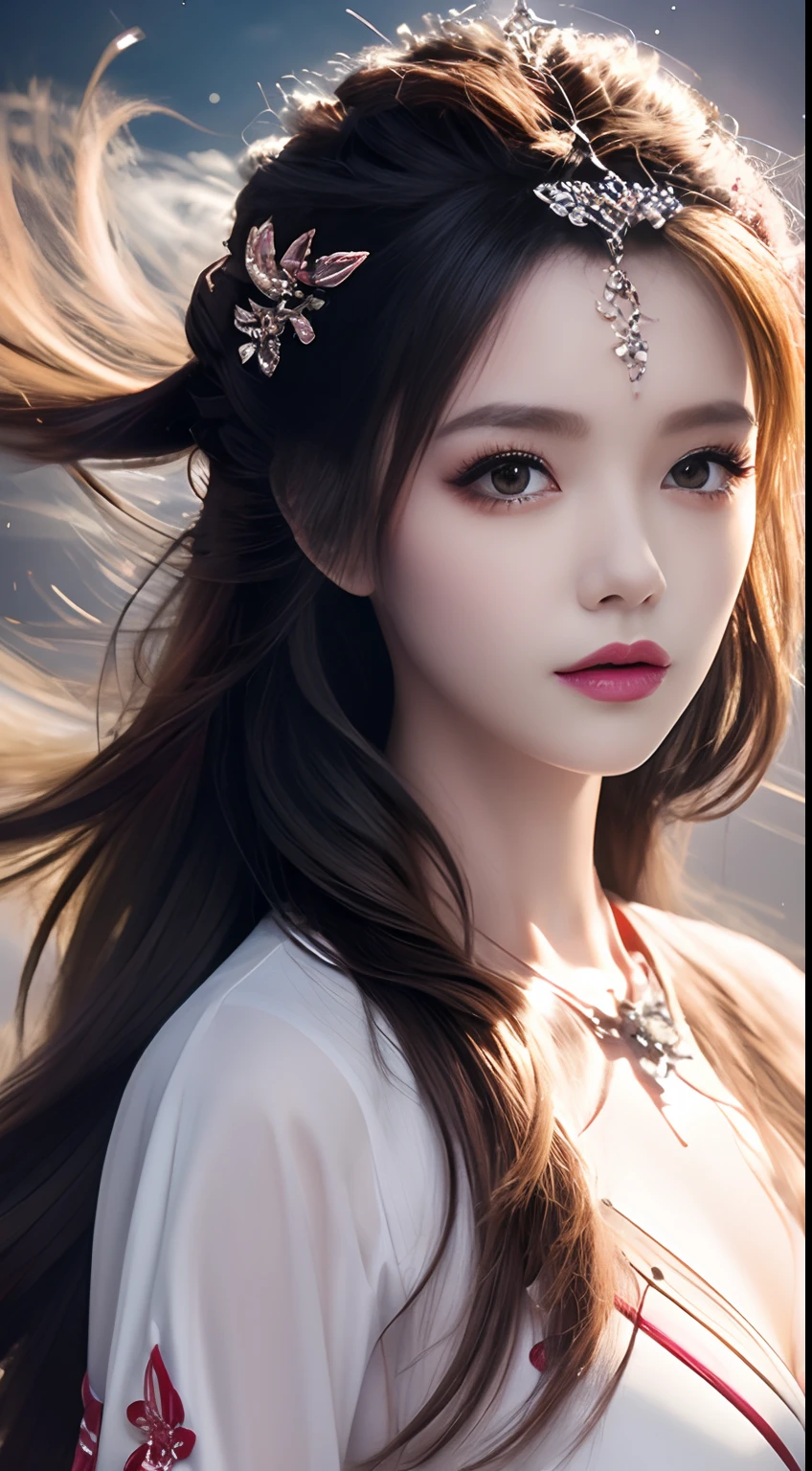 (Best Quality), (Masterpiece), (Reality), a close-up of a girl's upper body, 1 girl, black hair, long hair, white veil, branch shaped lightning, detailed eyes, beautiful facial features, surrounded by flames, game CG, super detailed