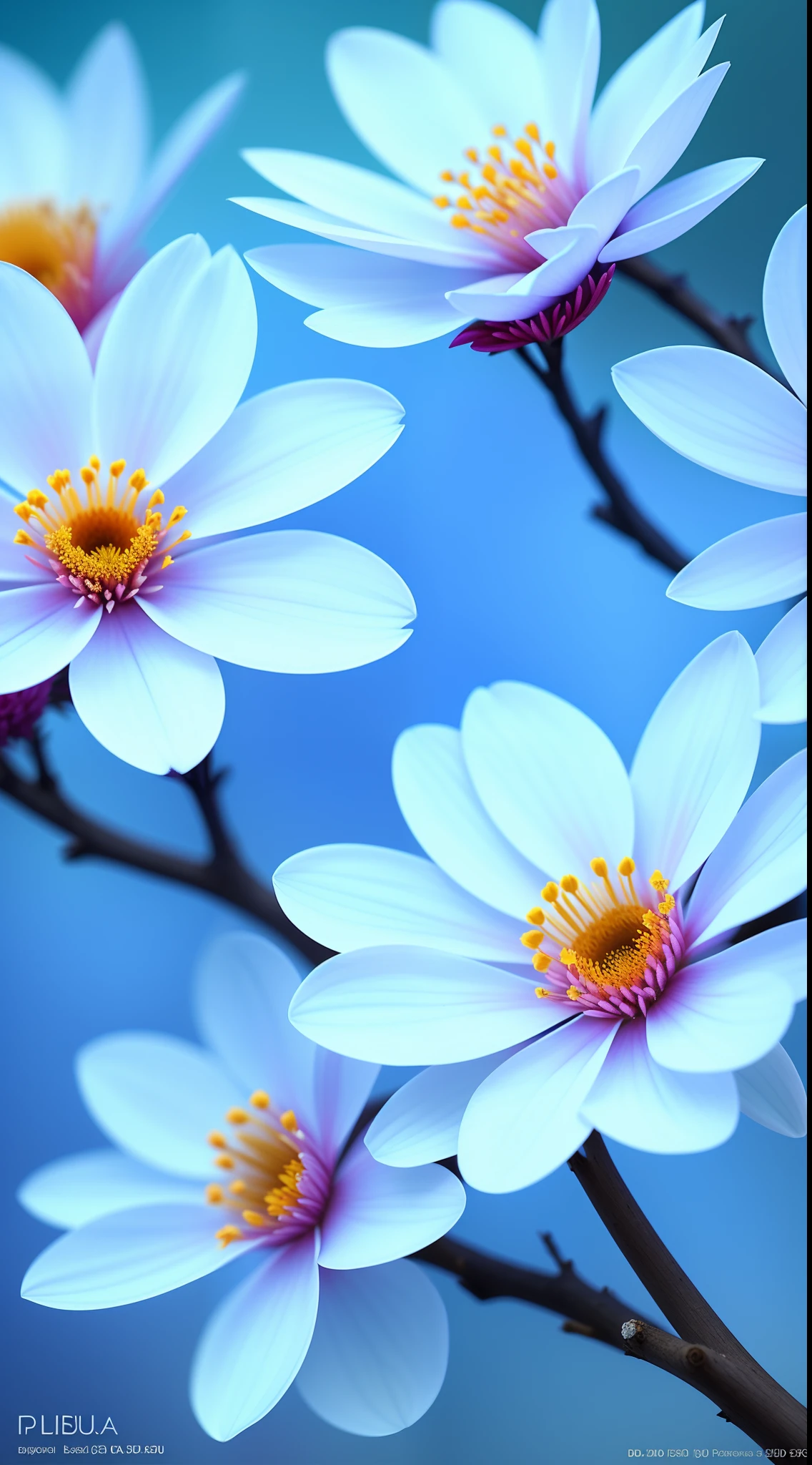 Close-up of a bouquet of flowers on a branch,paul barson,Light blue petals,blossoms,beautiful digital artworks,beautiful digital art,flowers and blossoms,surreal waiizi flowers,beautiful flowers,flowers in full bloom,flowers with intricate detail,Incredibly beautiful,beautiful art,beautiful composition 3 - d 4 k,gorgeous digital art,SakuraNS