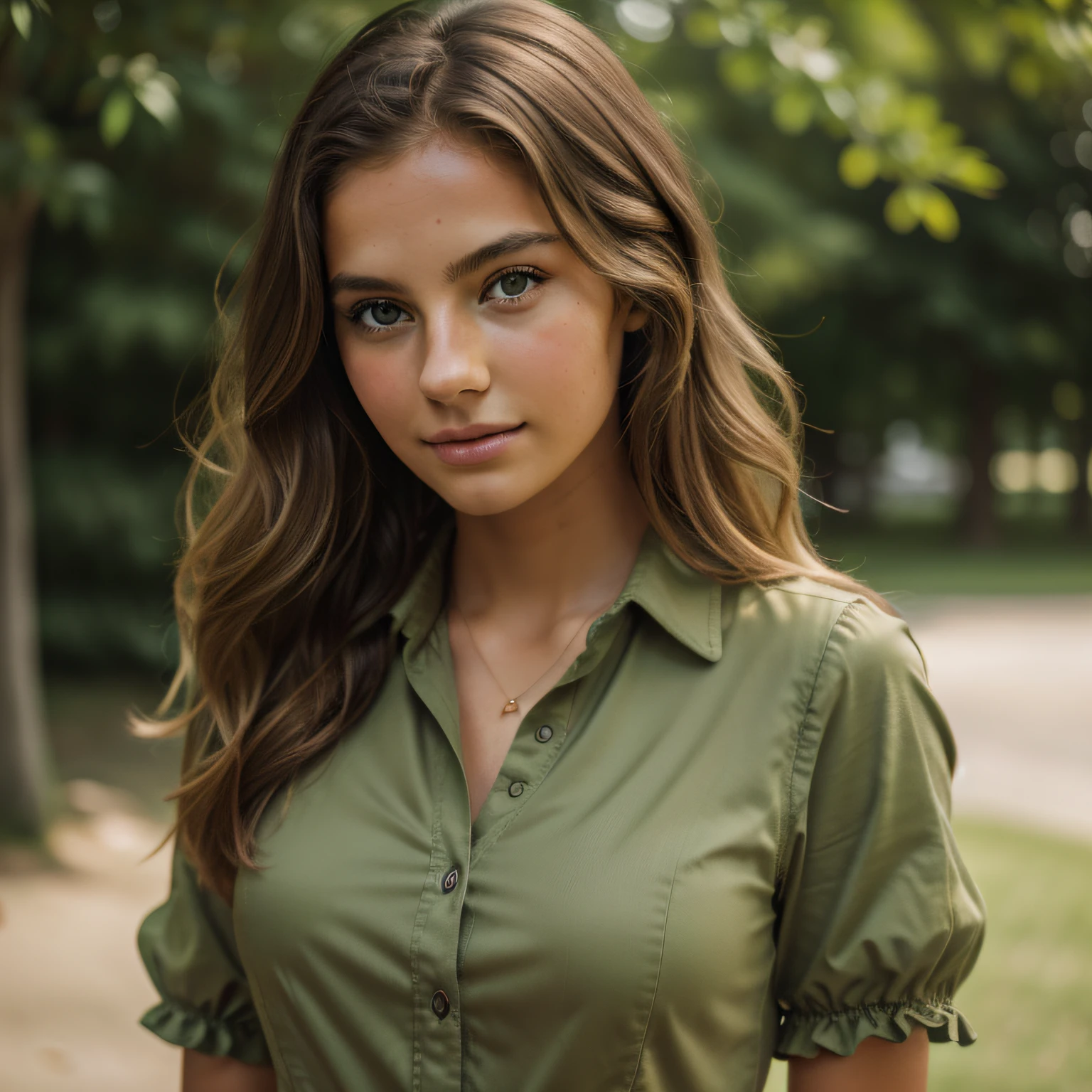 jp_style person, portrait of the beautiful age model, wavy brown hair with blonde highlights, deep green eyes, very tanned textured skin, puffed sleeved shirt, (8k, RAW photo, best quality, masterpiece: 1.2), (realistic, photorealistic: 1.37), ultra detailed, (high detail skin: 1.2), 8k uhd, DSLR, soft lighting, high quality, film grain, Fujifilm XT3, Professional lighting