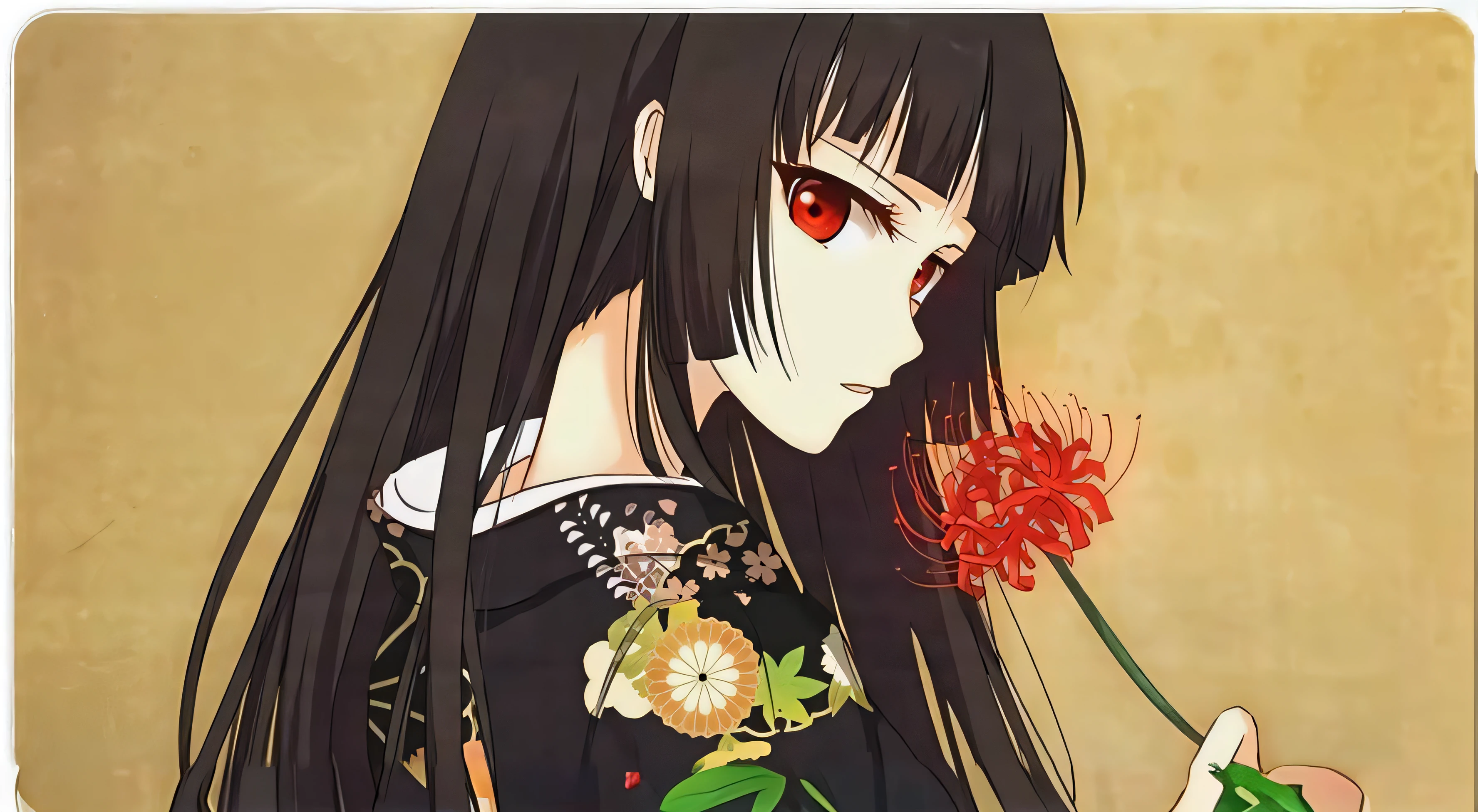 anime girl with long black hair holding a flower in her hand, turned around, anime image, with glowing red eyes, with red glowing eyes, Layne Grown-up, Anime Girl with Long Hair, beautiful anime woman, (Anime Girl), The background is a shrine, Beautiful anime girl