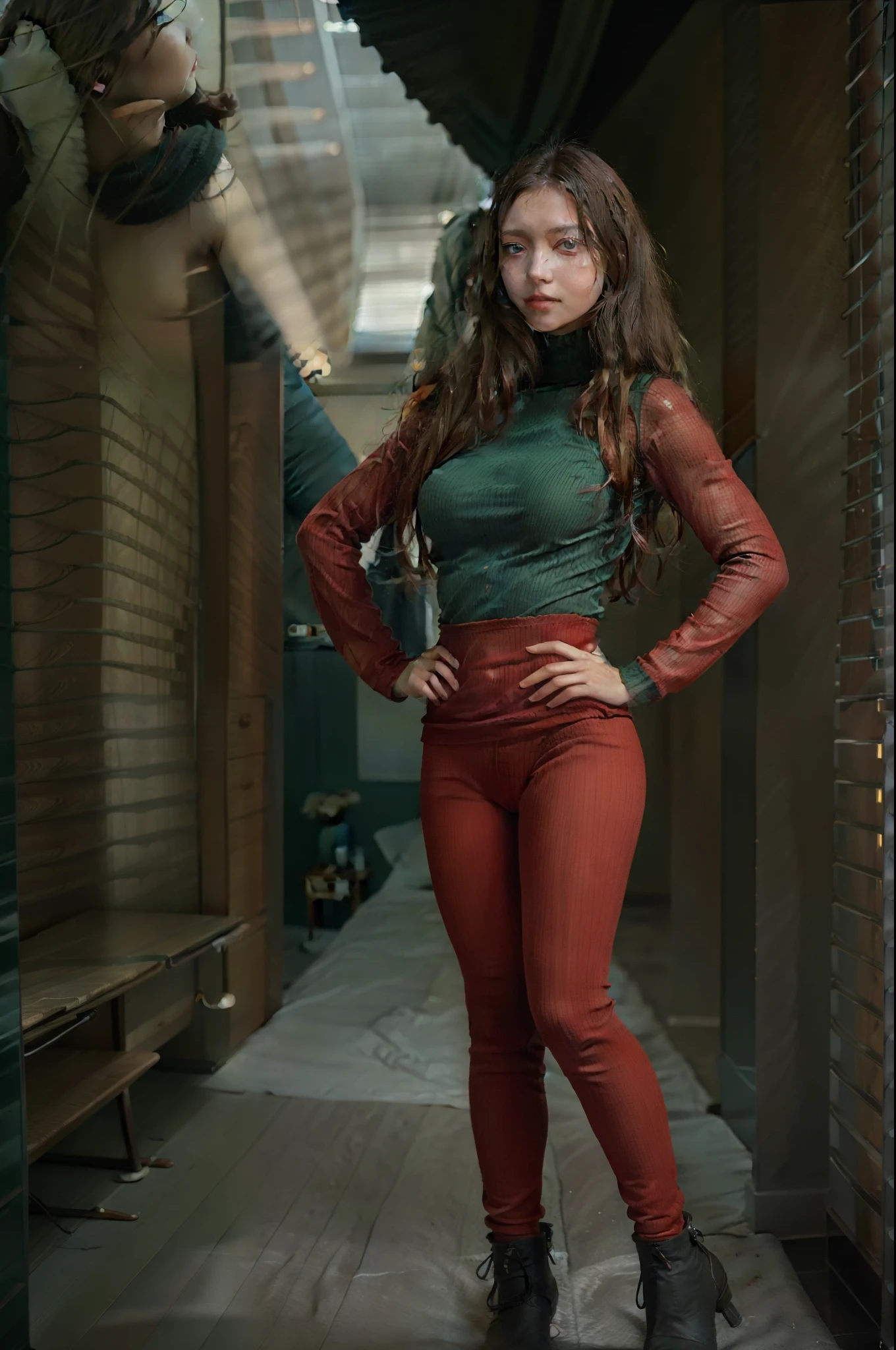A beautiful portrait of a brune 40 yo woman, long and curly hair, green eyes, professional model pose, wearing a red tight turtleneck top, photorealistic, 4k, full body shot with Canon EOS 6D and a Canon 135mm f2 L lens at F2, very sharp, bokeh lights, day, city, full body portrait, profile