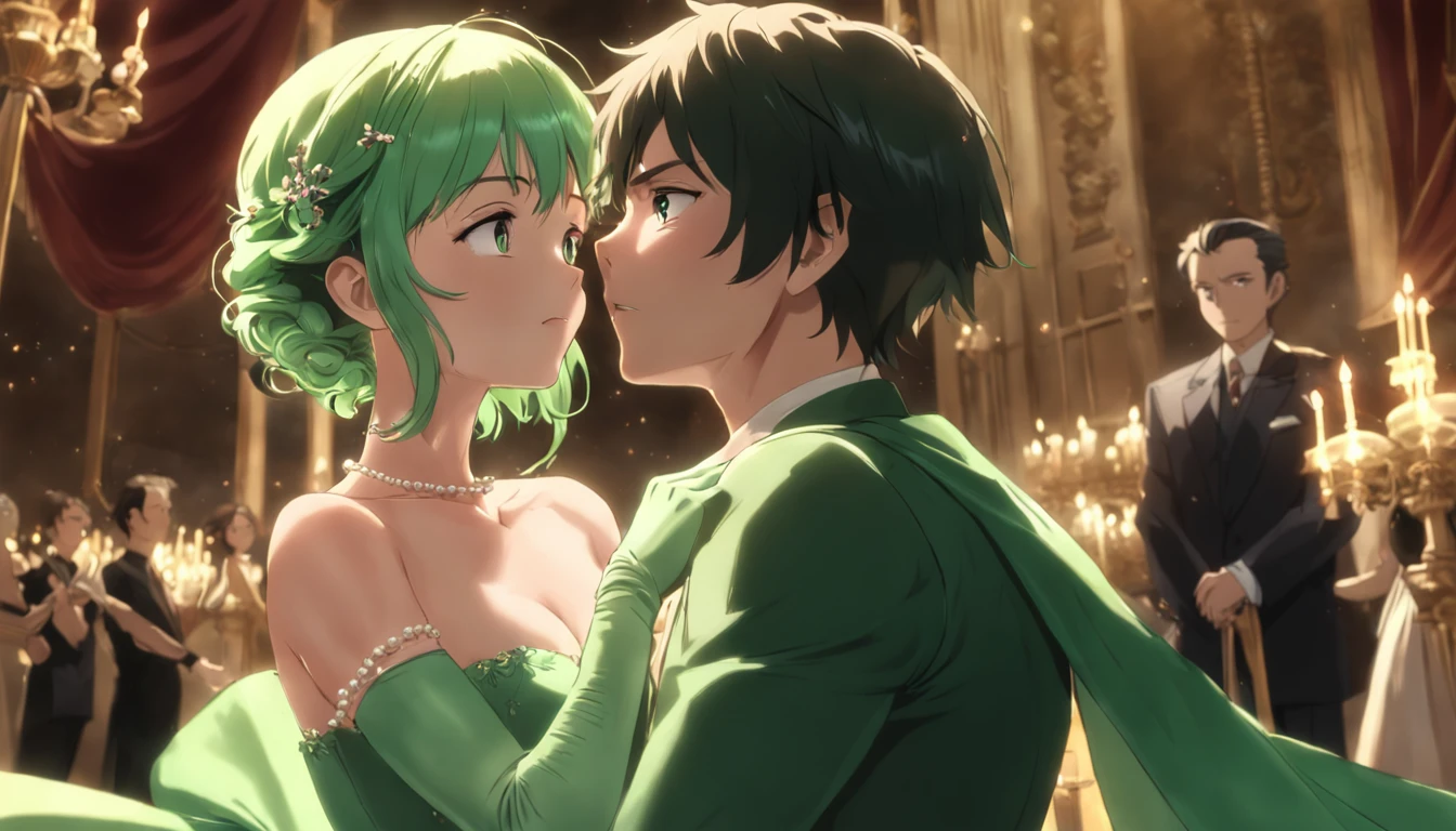 Pearl Necklace, Satin green long gloves, lipsticks, Shorthair, satin, Green dress, bride, the kiss, a smile