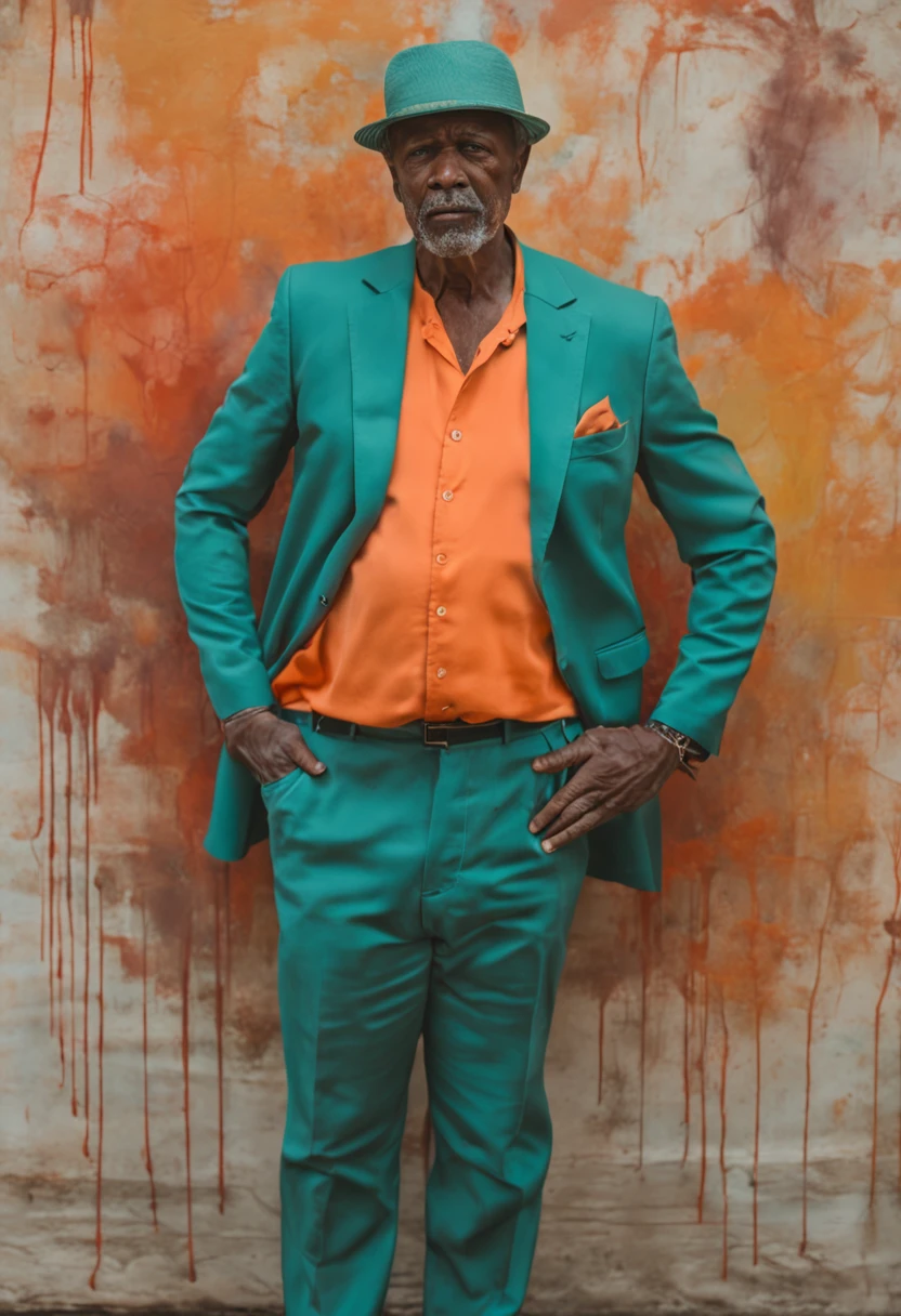 homem vestisdo de terno laranja e gravata da cor teal, ovelhas ao redor, (((visible whole body))), Olhando para o Viewer, retrato, fotografia, pele detalhada, Realistic, fotorrealista, 8k, altamente detalhado, quadro de corpo inteiro, Arte, RAW de alto detalhe, penetrante, soft and diffuse lighting, profundidade de campo rasa, foco nítido, Hiper-realismo, Cinematic lighting