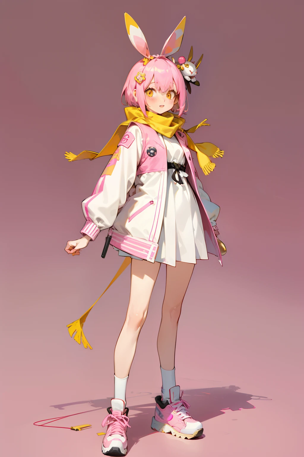 (Best Quality), {masutepiece}, {Very detailed}, {super detailed}, {High resolution}, {Absurd}, 1 girl, Solo, Anime, Full body shooting, (Pink and white pendulum punk jacket, Pink sneakers), (Yellow eyes with pink short hair), (White simple round background), (Standing painting style), Pink glow, Bunny icing, Standing, bounce, Dynamic, (High-quality beautiful face and eyes), Lively laughter, Cowboy Shot, ((Full body)), ((Rabbit square scarf hair ornament)), Volumetric lighting, (Short Girl), (Original Shinto painting style), The character is the main body