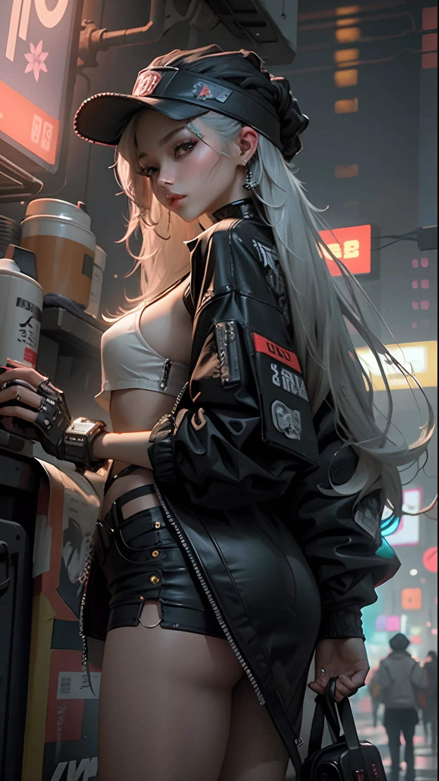 Beautiful woman wearing long hair hat、cyberpunk style short clothes