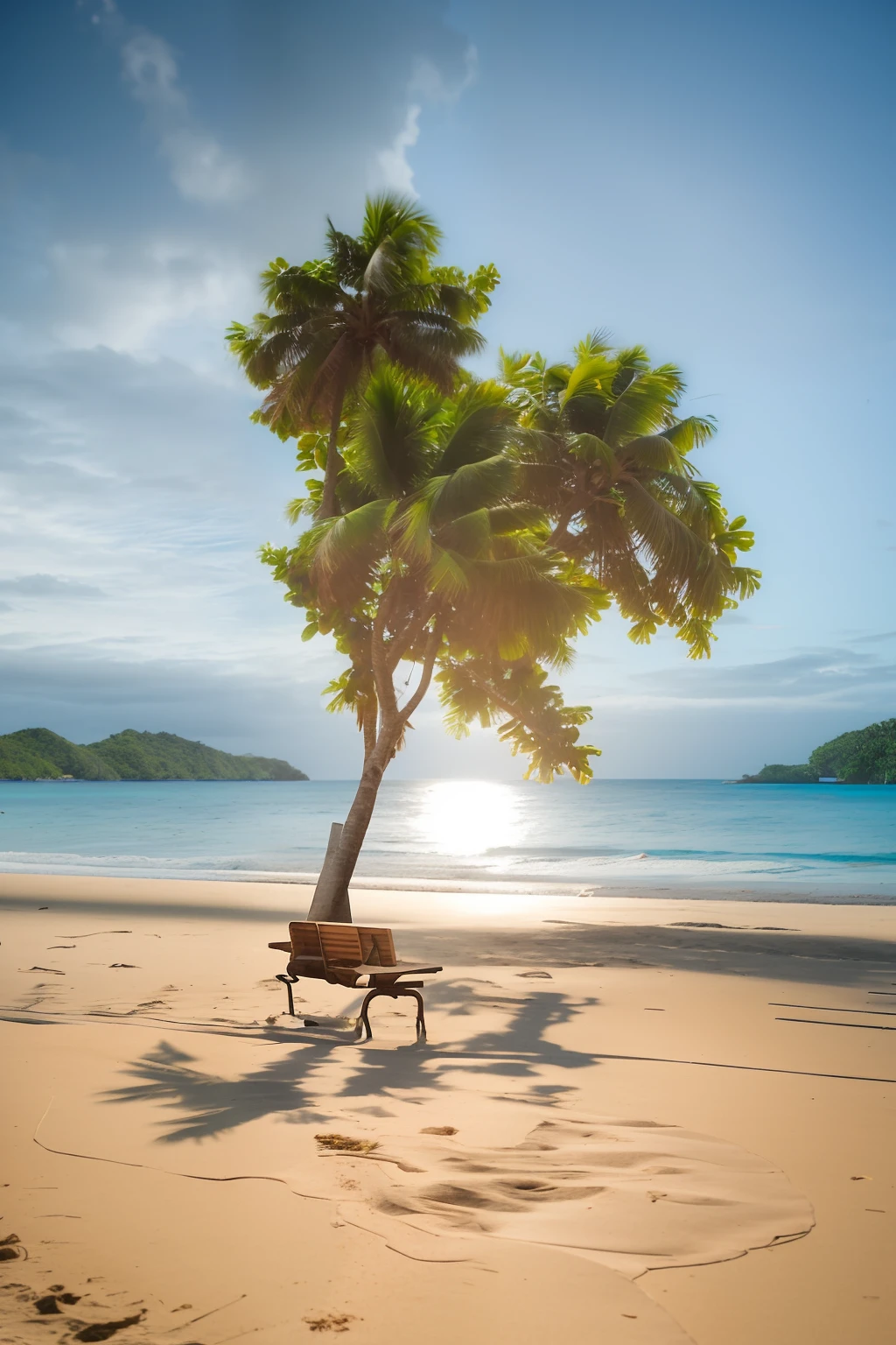 There are solitary coconut palms on the beach with benches.., The trees are on top of the calm sea.., beach tree in the background, Solitary tree, In a beachfront environment, Single tree, Quiet environment, Quiet beach atmosphere, Fertile trees, beautiful environment, Calm environment, Beach landscape, Tropical climate, Quiet atmosphere, Beautiful trees, One Tree