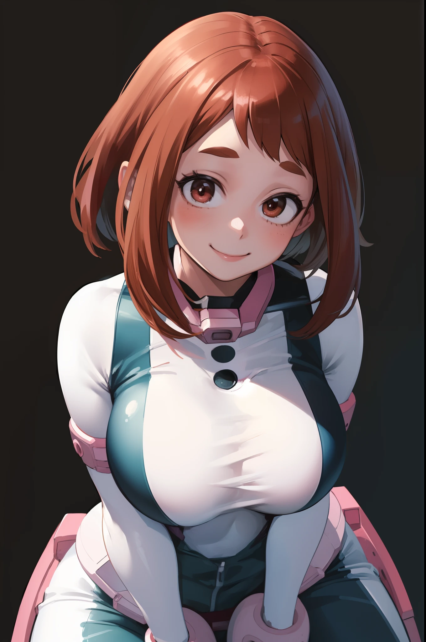 ((masterpiece, best quality;1.3)), ultra detailed, detailed background, 1girl, solo, smile,   bodysuit,ochaco uraraka, looking at viewer, large breast,pink suits,
school background, zero gravity,realistic, flying from above