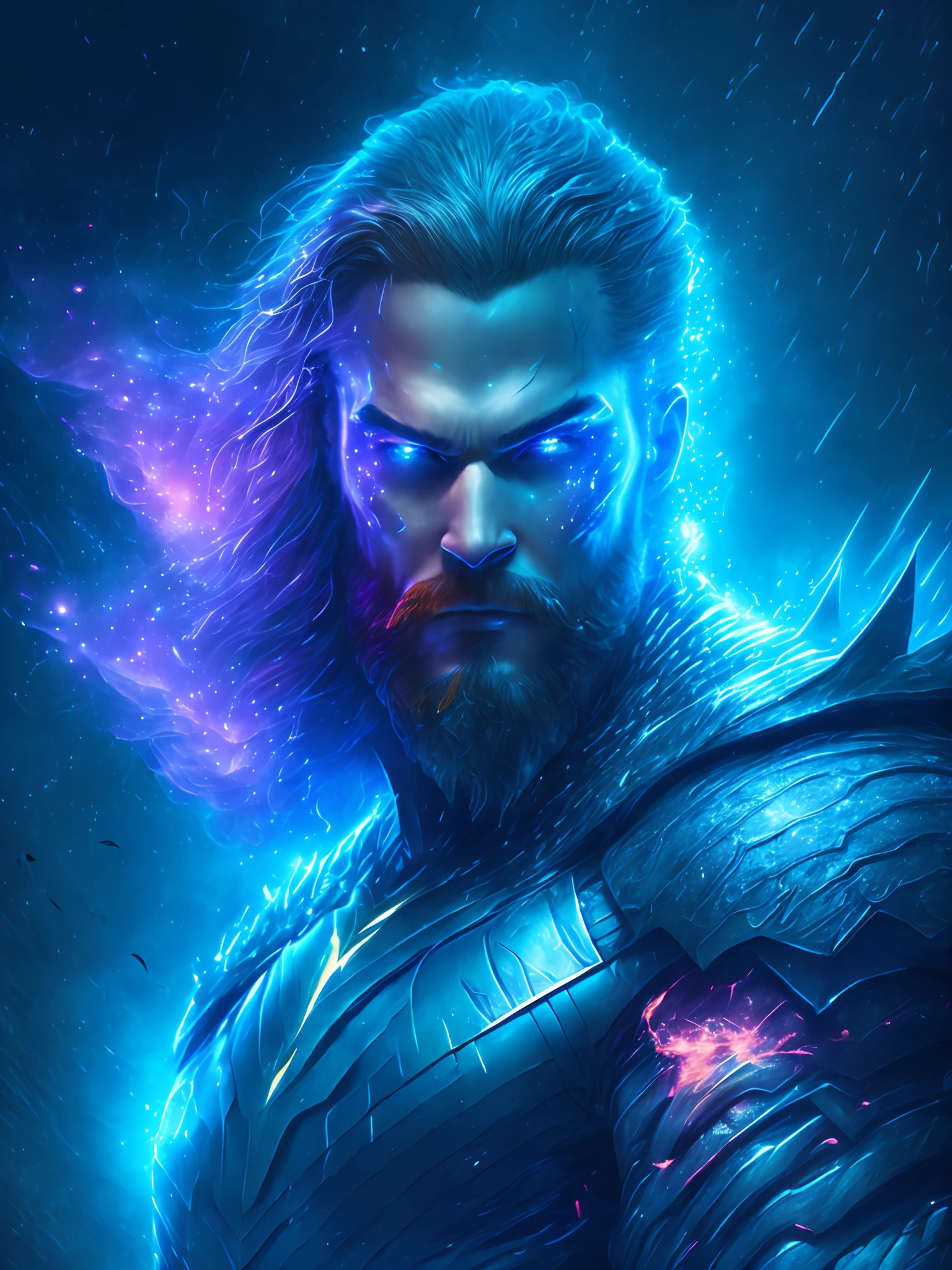 Retrato sombrio de Aquaman da DC, extremamente detalhado, futuristic cityscape, noite, glowing neon lights, smoke billowing, Sparks, Metal shavings, Detritos voadores, efeitos da energia azul, volumetric light