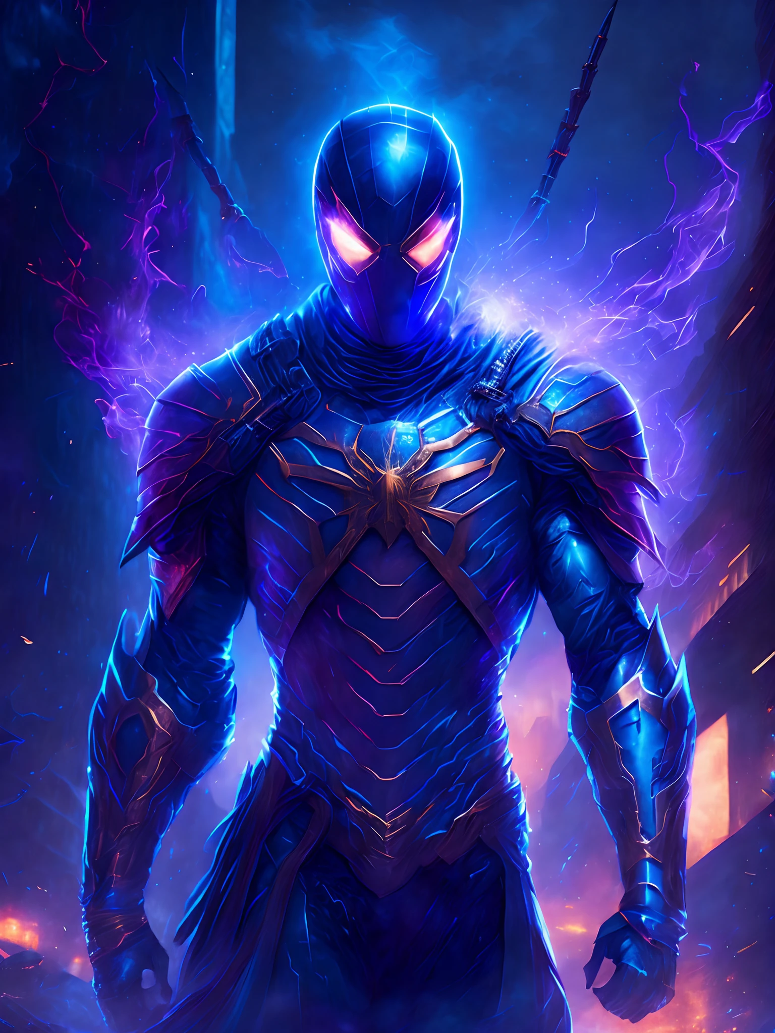 Retrato sombrio do Cavaleiro Aranha de Ferro do Apocalipse da Marvel, extremamente detalhado, futuristic cityscape, noite, glowing neon lights, smoke billowing, Sparks, Metal shavings, Detritos voadores, efeitos da energia azul, volumetric light
