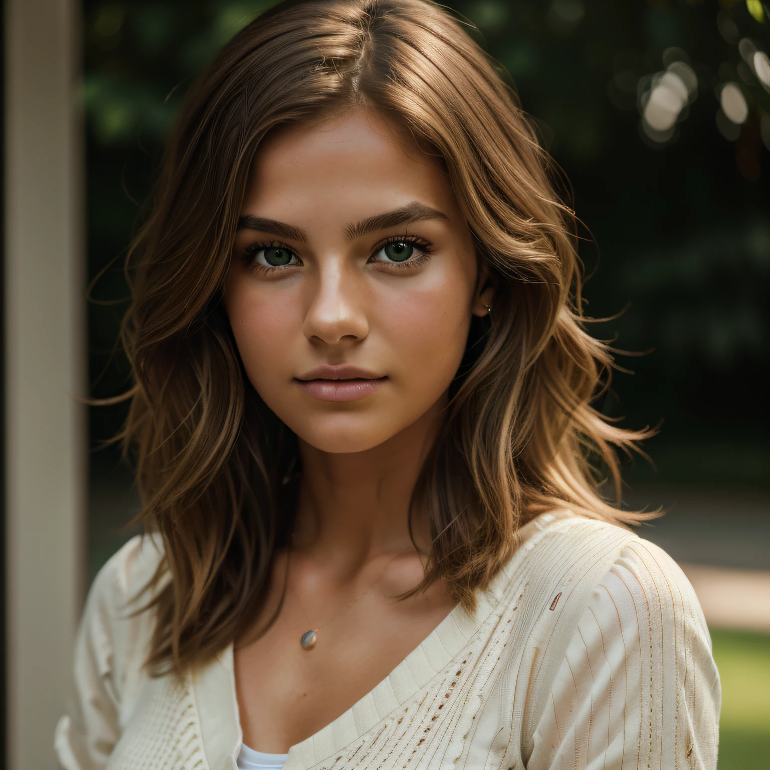 jp_style person, portrait of the beautiful teenage model, wavy brown hair with blonde highlights, deep green eyes, very tanned textured skin, puffed sleeved shirt, (8k, RAW photo, best quality, masterpiece: 1.2), (realistic, photorealistic: 1.37), ultra detailed, (high detail skin: 1.2), 8k uhd, DSLR, soft lighting, high quality, film grain, Fujifilm XT3, Professional lighting