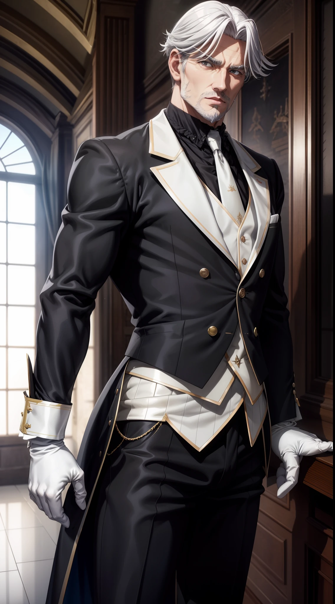 focused to upper body, realistic, 1man, white hair, sparkling brown eyes, butler outfit, standing pose, (manor background), perfect limbs,